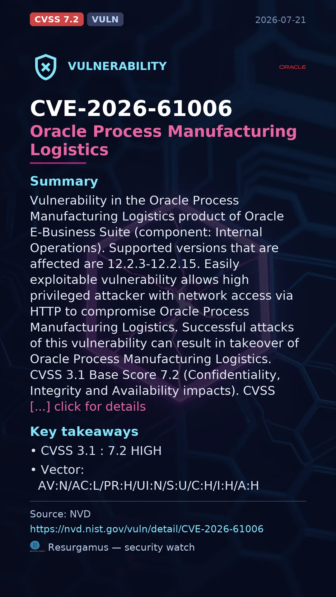 CVE-2026-61006 Oracle Process Manufacturing Logistics Vulnerability