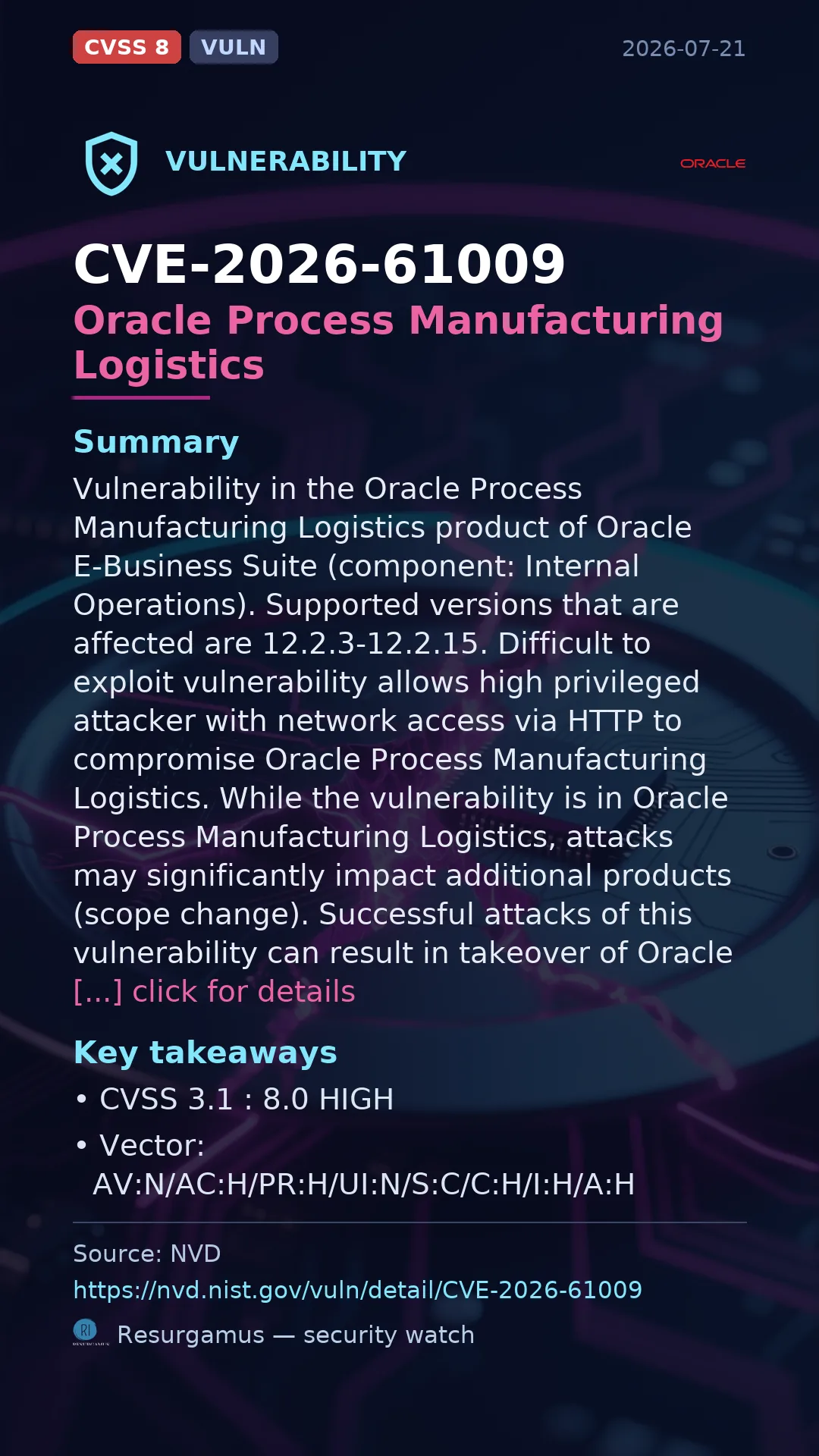CVE-2026-61009 Oracle Process Manufacturing Logistics Vulnerability