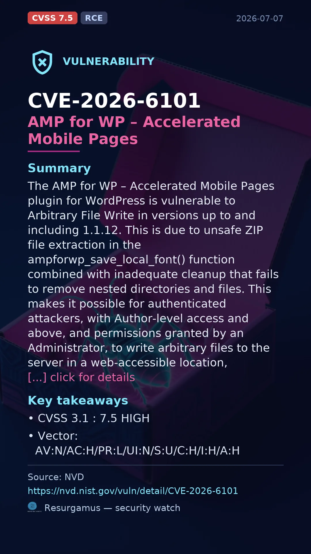 CVE-2026-6101 AMP for WP – Accelerated Mobile Pages Vulnerability