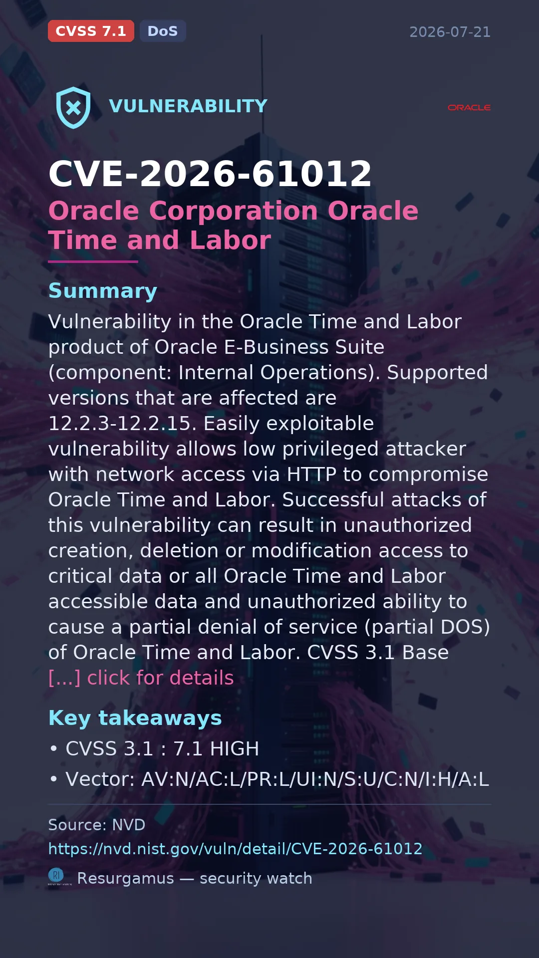 CVE-2026-61012 Oracle Corporation Oracle Time and Labor Vulnerability