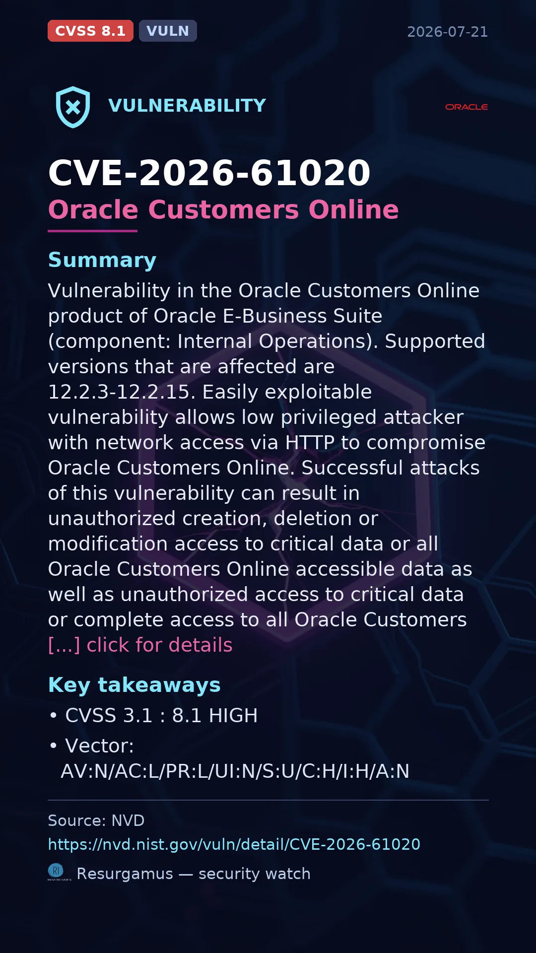 CVE-2026-61020 Oracle Customers Online Vulnerability