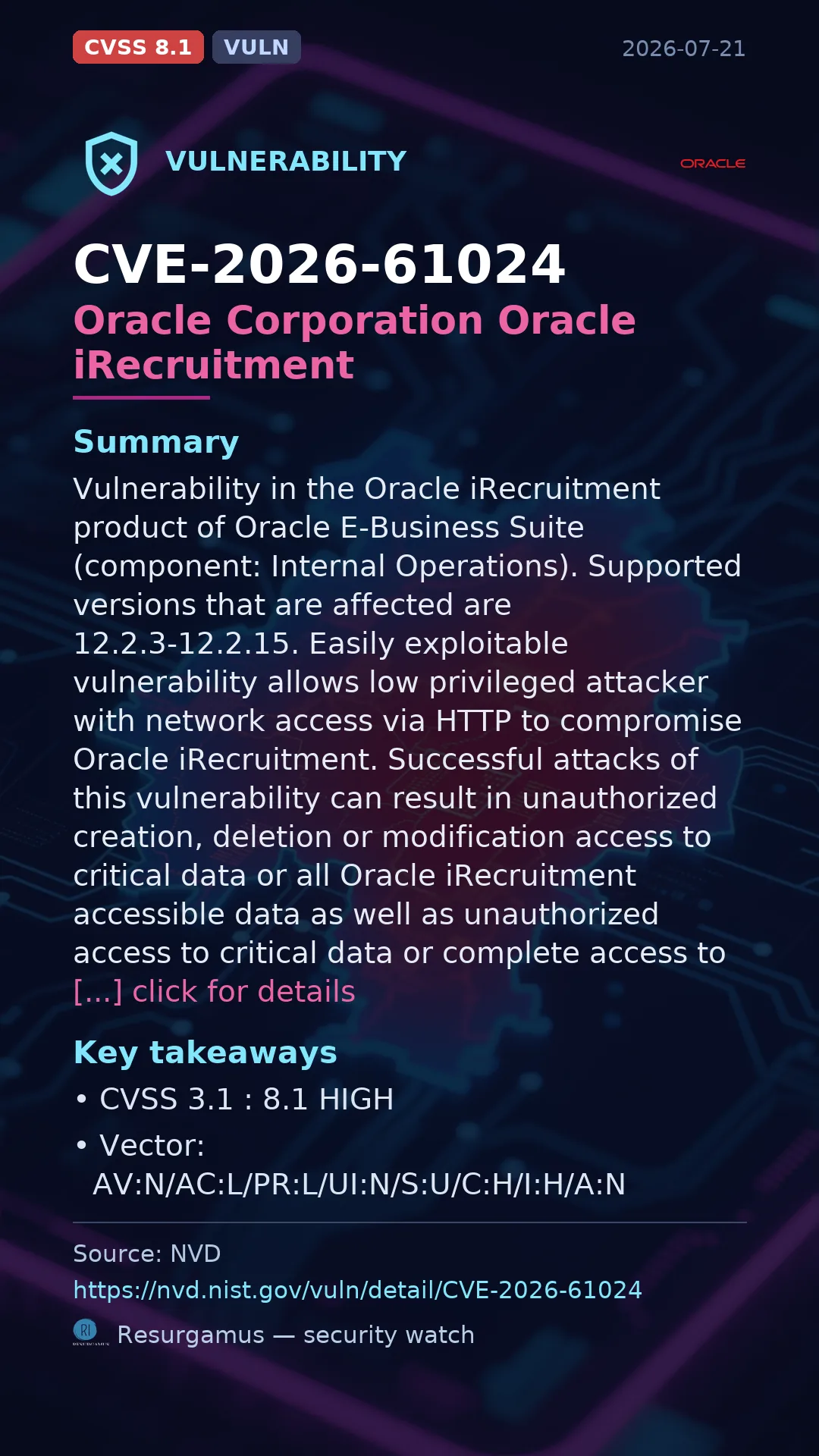 CVE-2026-61024 Oracle Corporation Oracle iRecruitment Vulnerability