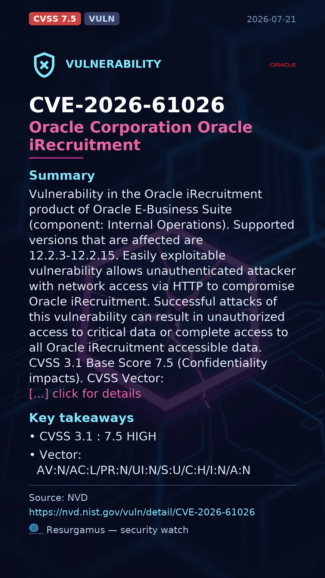CVE-2026-61026 Oracle Corporation Oracle iRecruitment Vulnerability