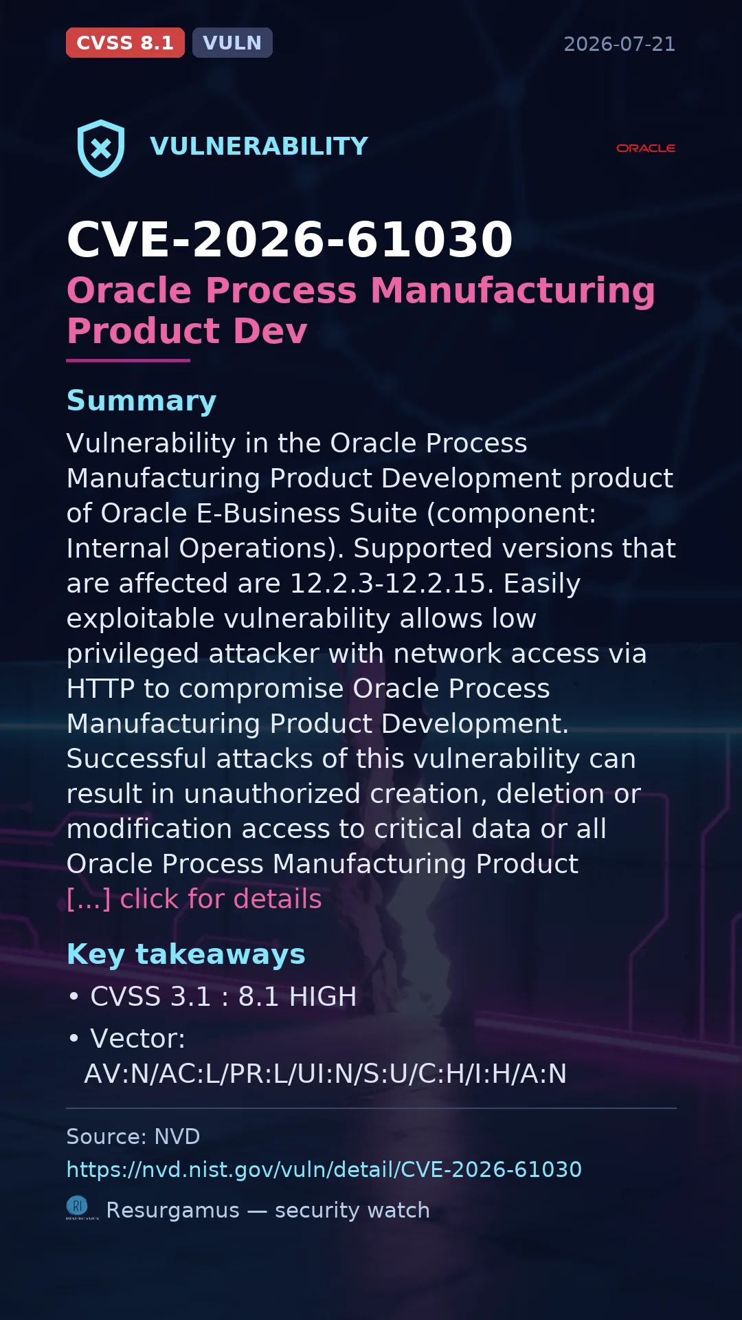 CVE-2026-61030 Oracle Process Manufacturing Product Dev Vulnerability