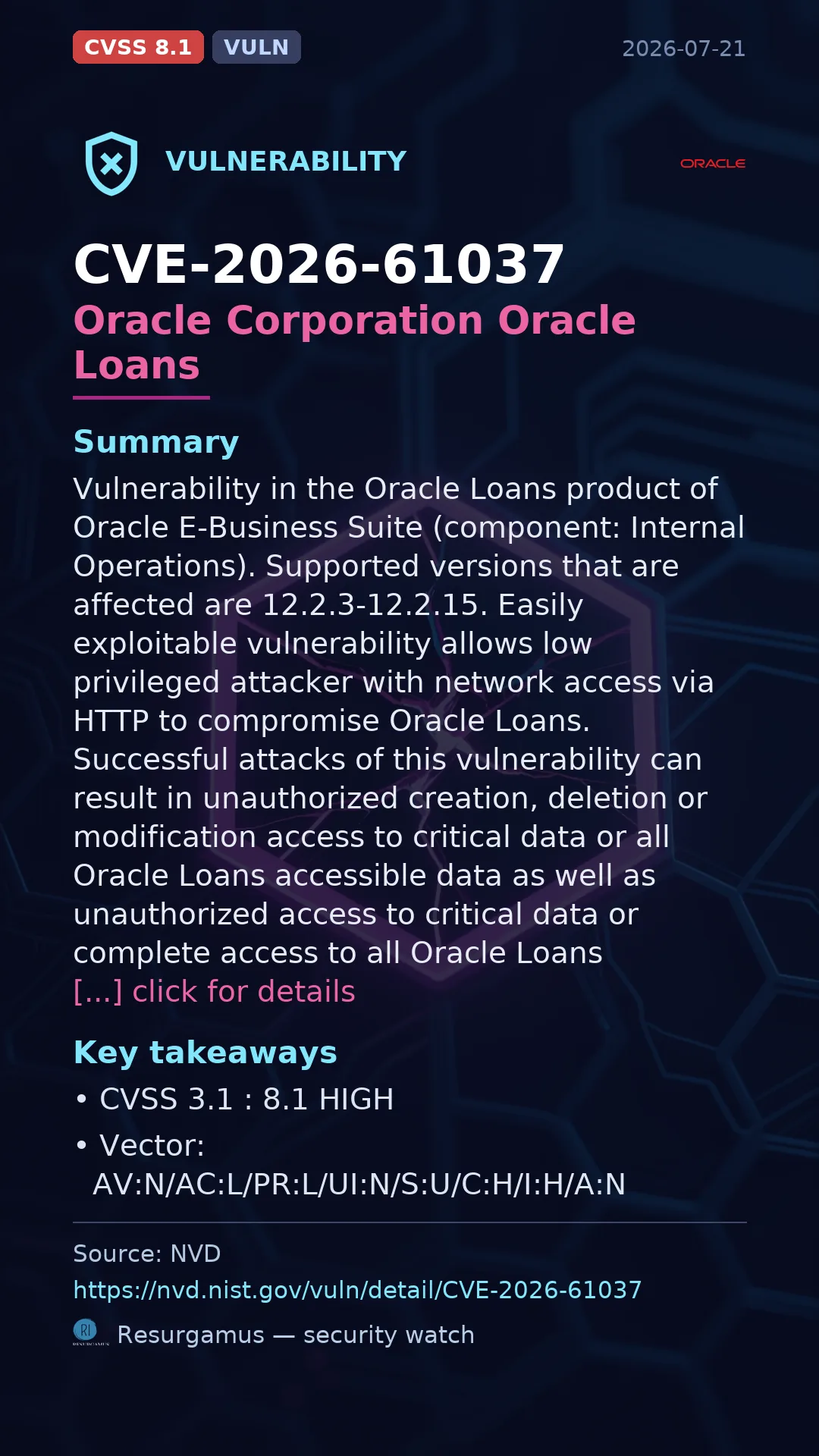 CVE-2026-61037 Oracle Corporation Oracle Loans Vulnerability