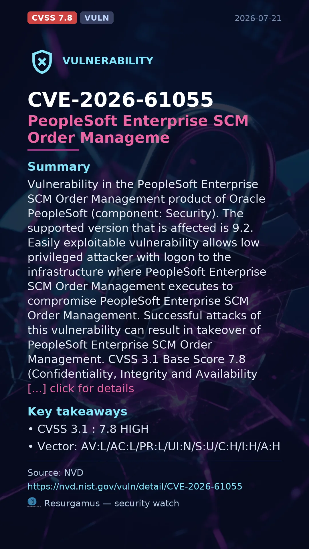 CVE-2026-61055 PeopleSoft Enterprise SCM Order Manageme Vulnerability