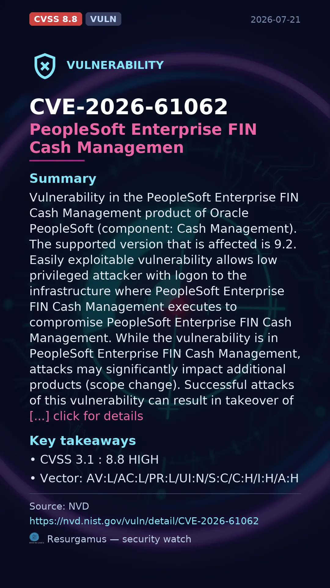 CVE-2026-61062 PeopleSoft Enterprise FIN Cash Managemen Vulnerability