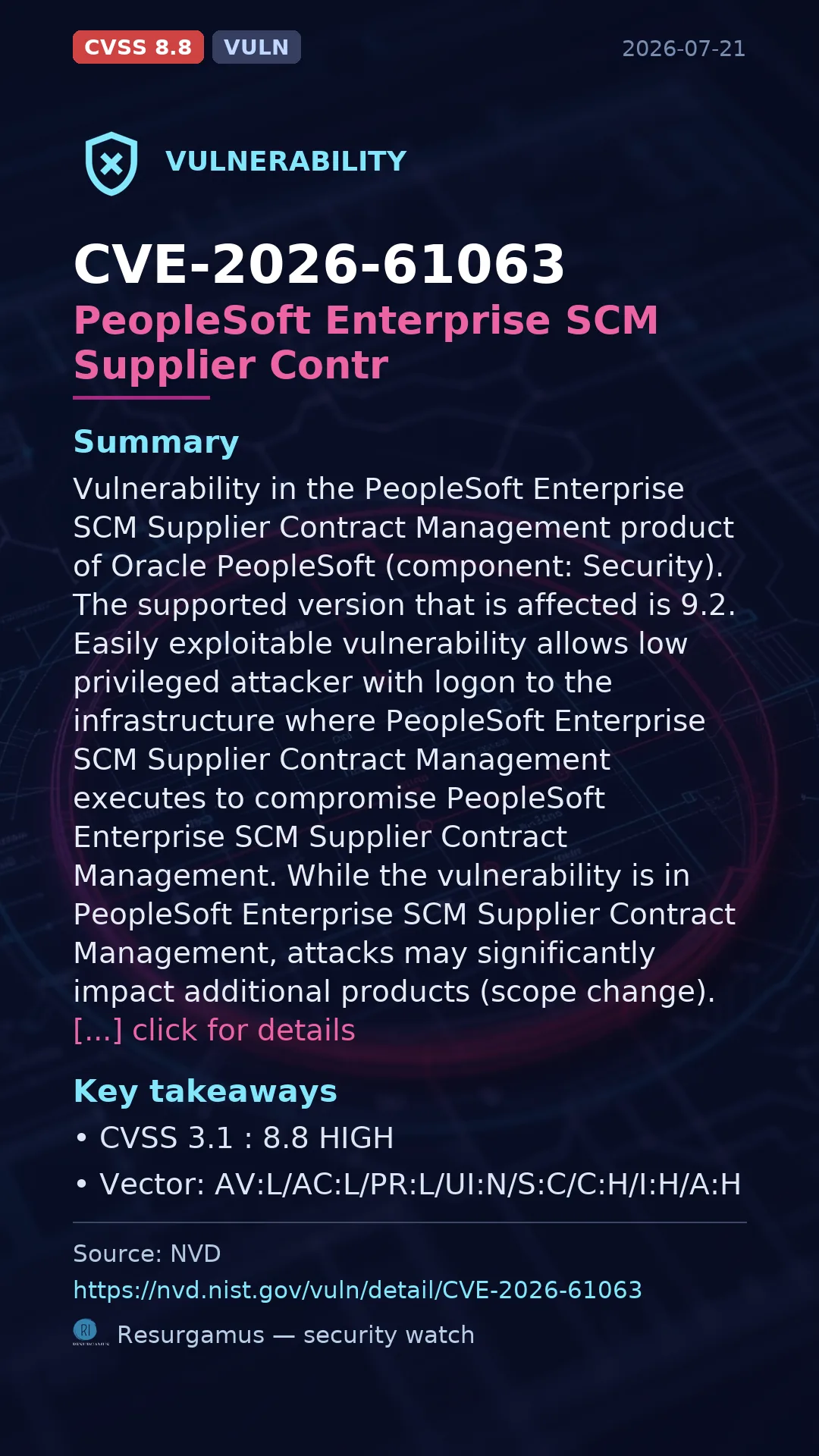 CVE-2026-61063 PeopleSoft Enterprise SCM Supplier Contr Vulnerability