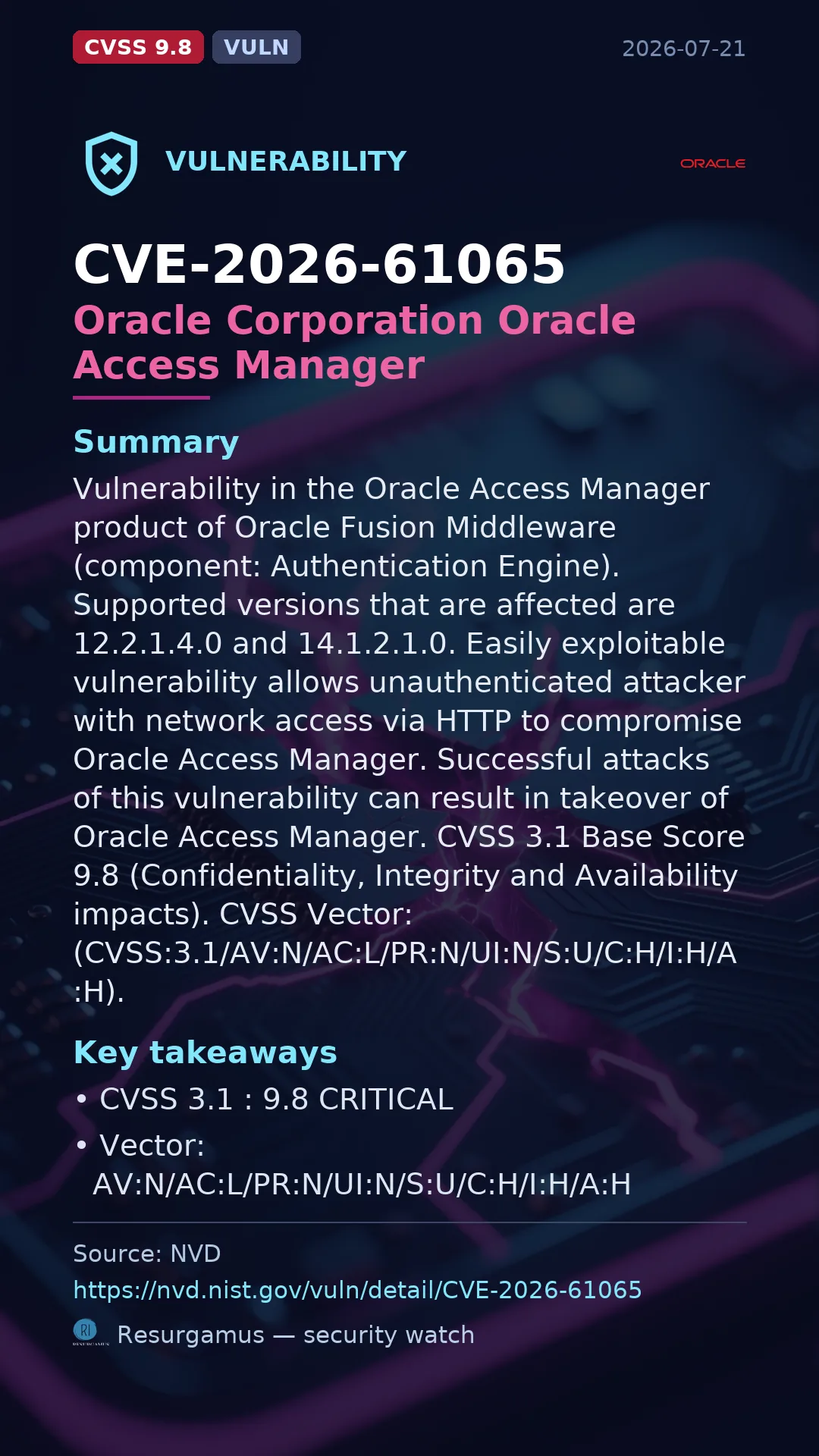 CVE-2026-61065 Oracle Corporation Oracle Access Manager Vulnerability