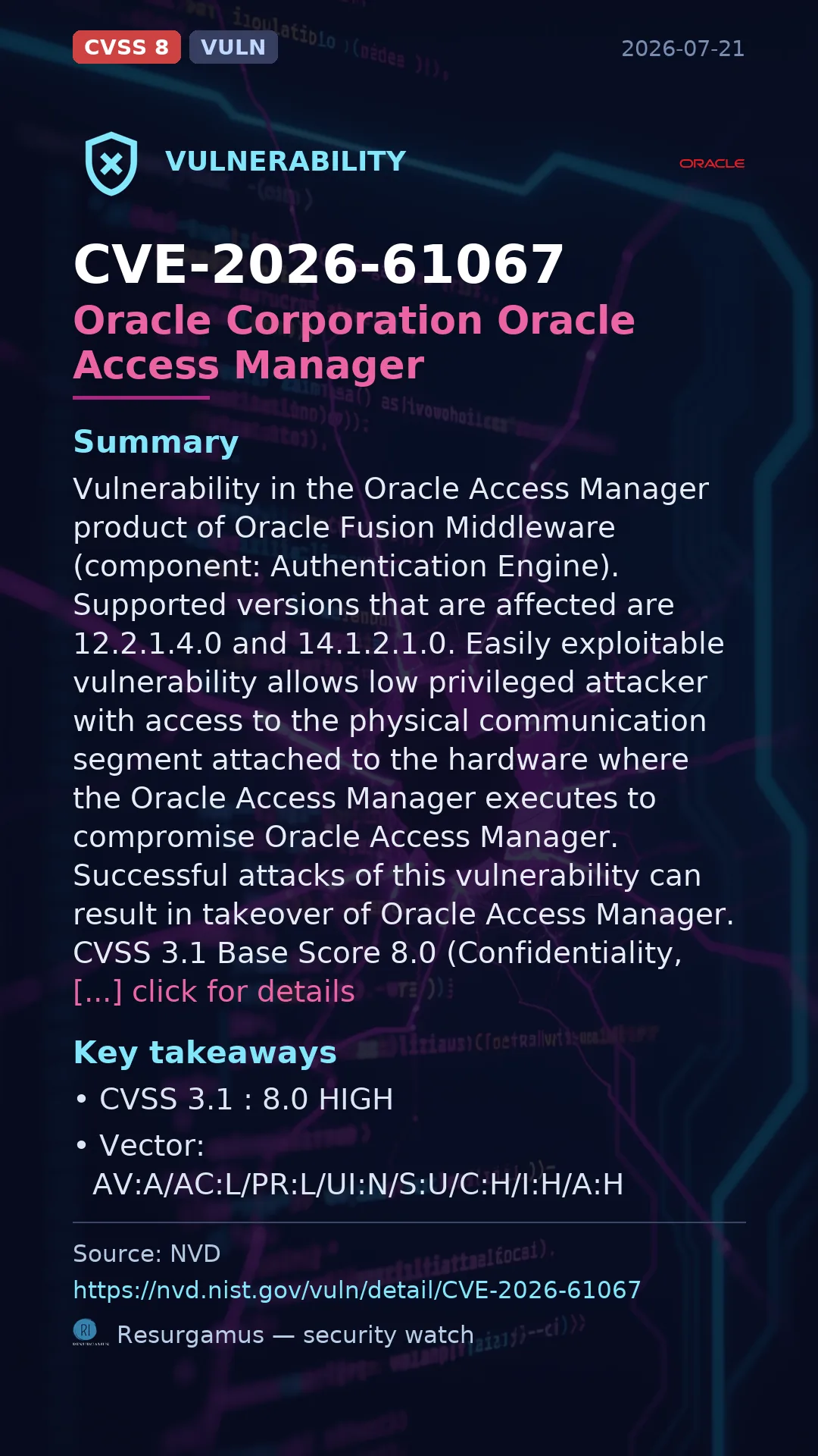 CVE-2026-61067 Oracle Corporation Oracle Access Manager Vulnerability
