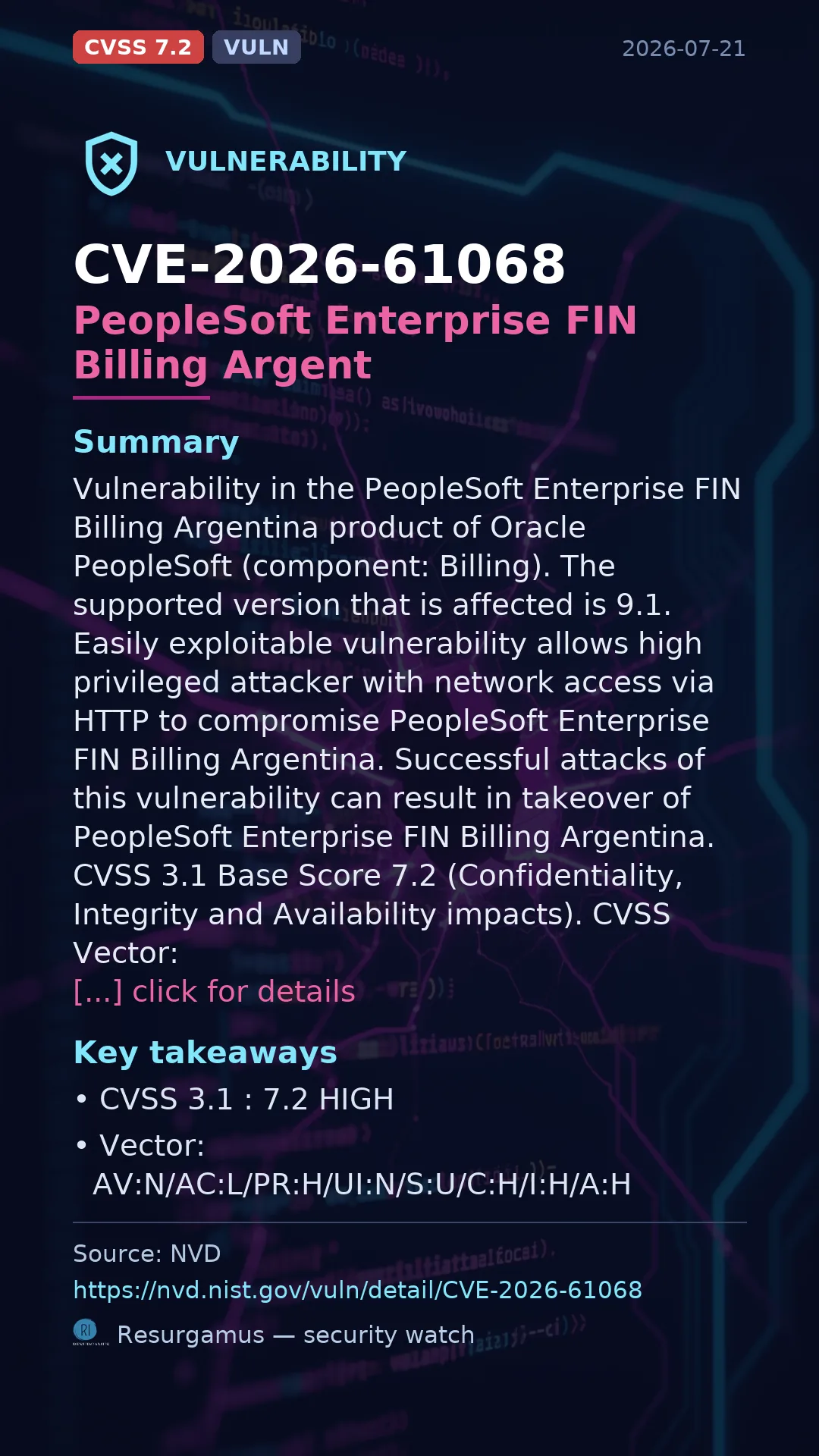 CVE-2026-61068 PeopleSoft Enterprise FIN Billing Argent Vulnerability