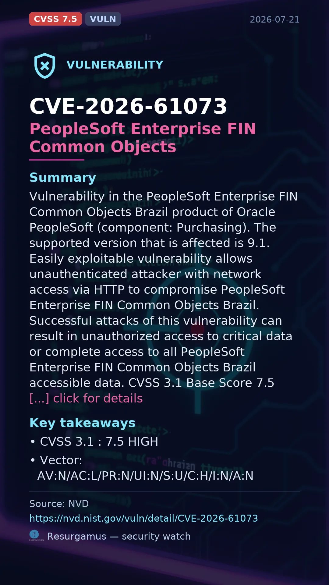 CVE-2026-61073 PeopleSoft Enterprise FIN Common Objects Vulnerability