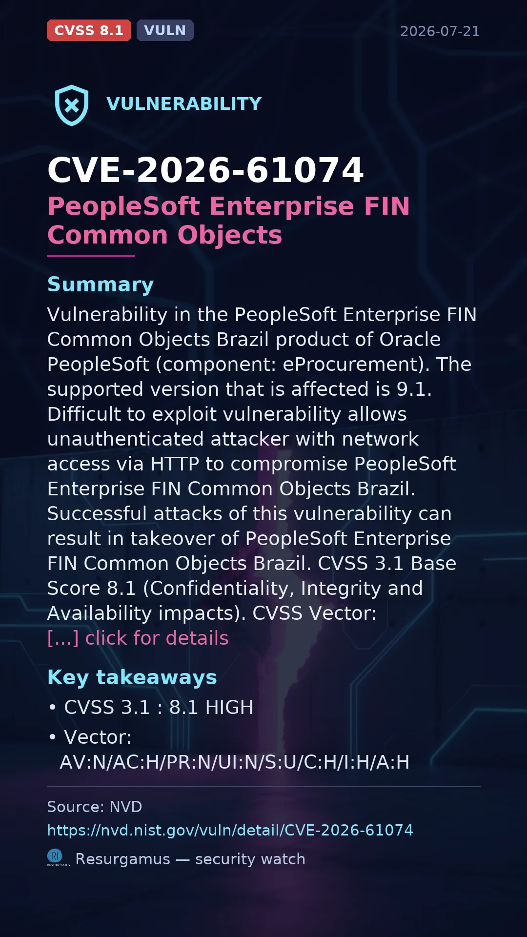 CVE-2026-61074 PeopleSoft Enterprise FIN Common Objects Vulnerability
