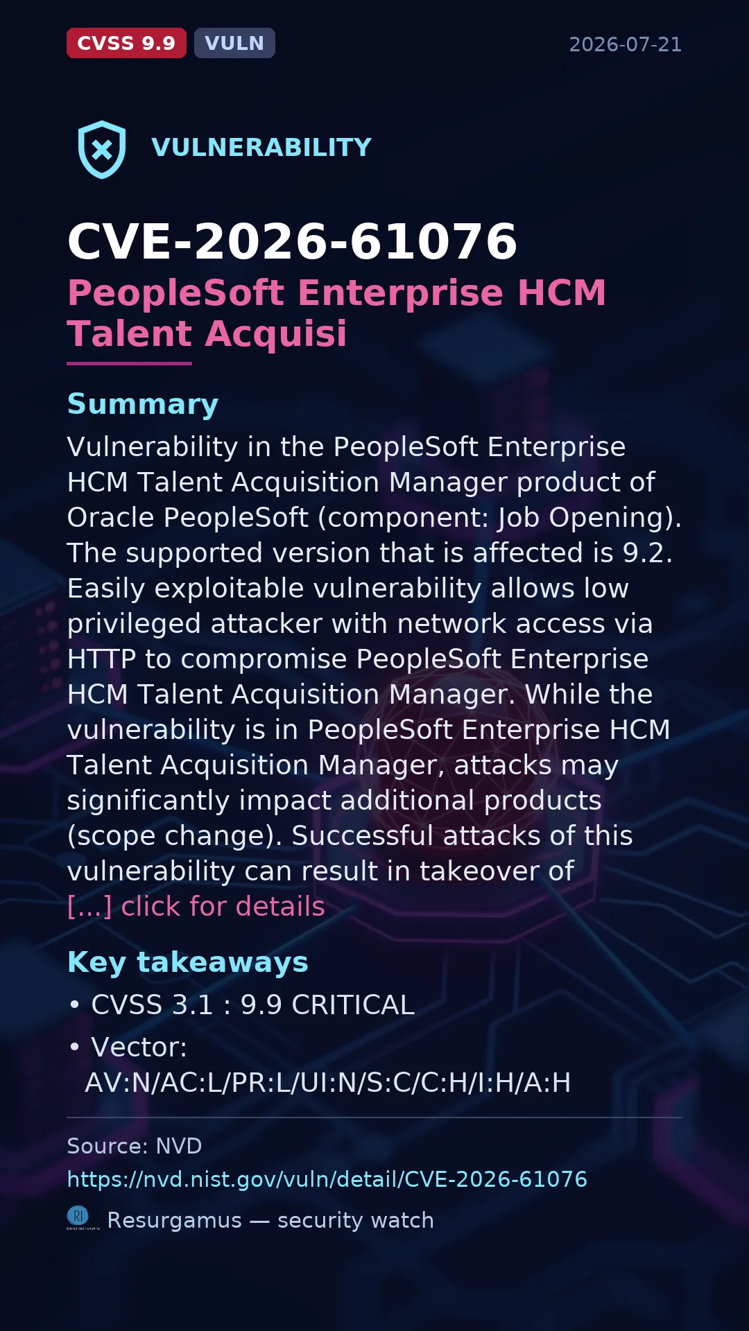 CVE-2026-61076 PeopleSoft Enterprise HCM Talent Acquisi Vulnerability
