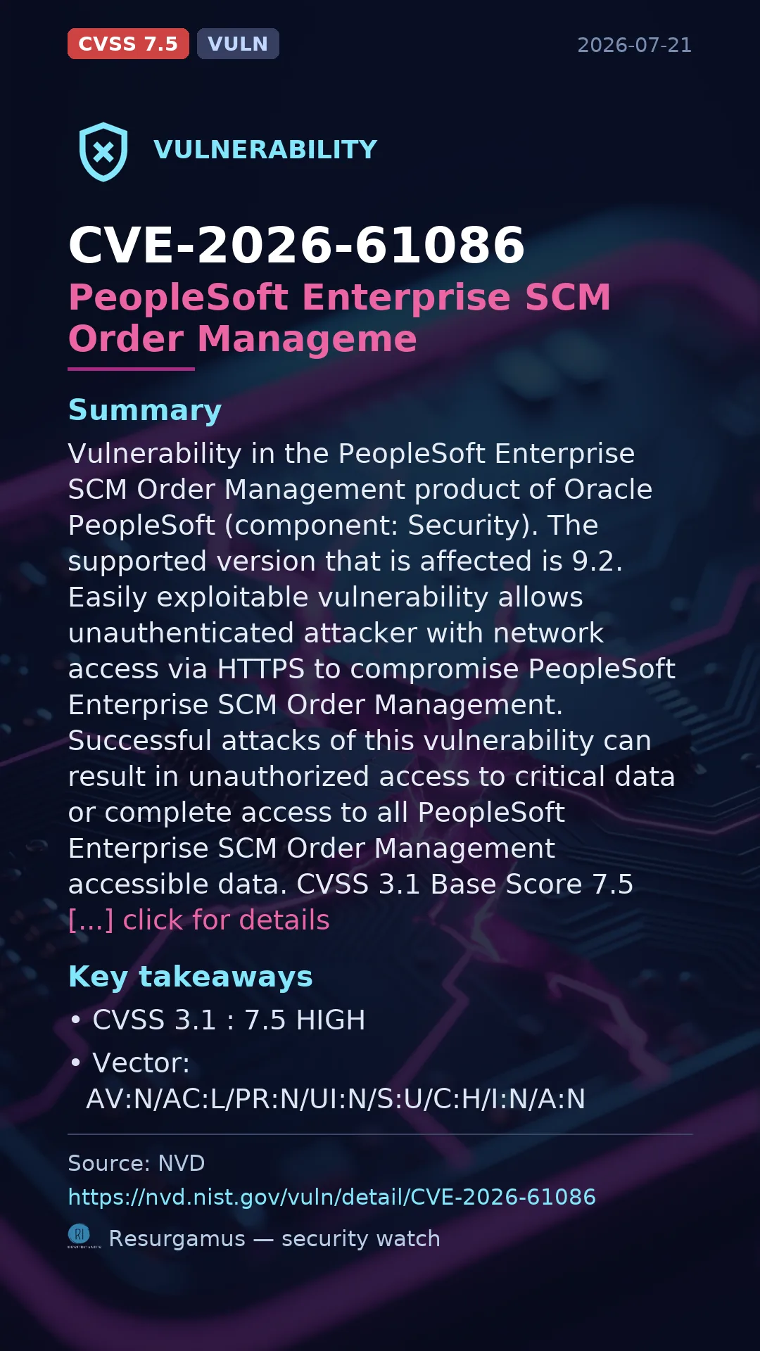 CVE-2026-61086 PeopleSoft Enterprise SCM Order Manageme Vulnerability