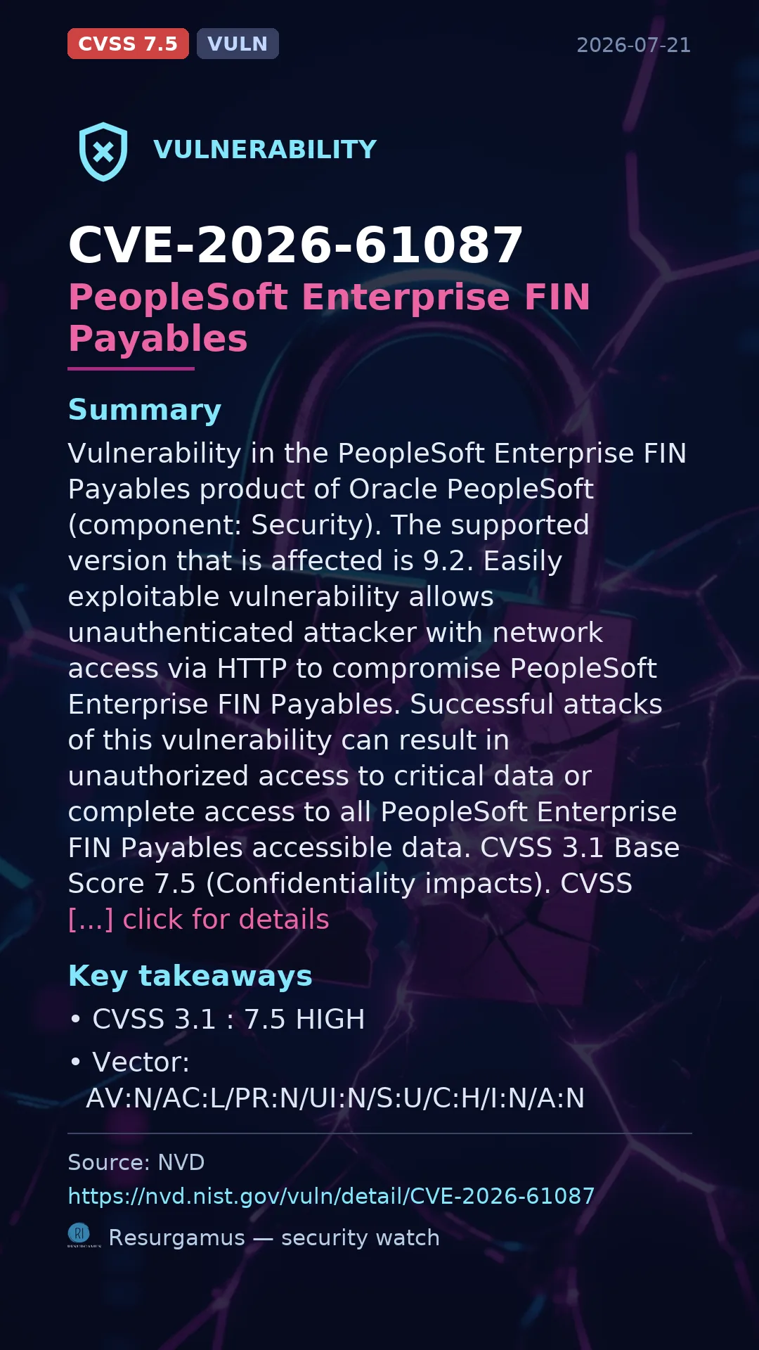 CVE-2026-61087 PeopleSoft Enterprise FIN Payables Vulnerability
