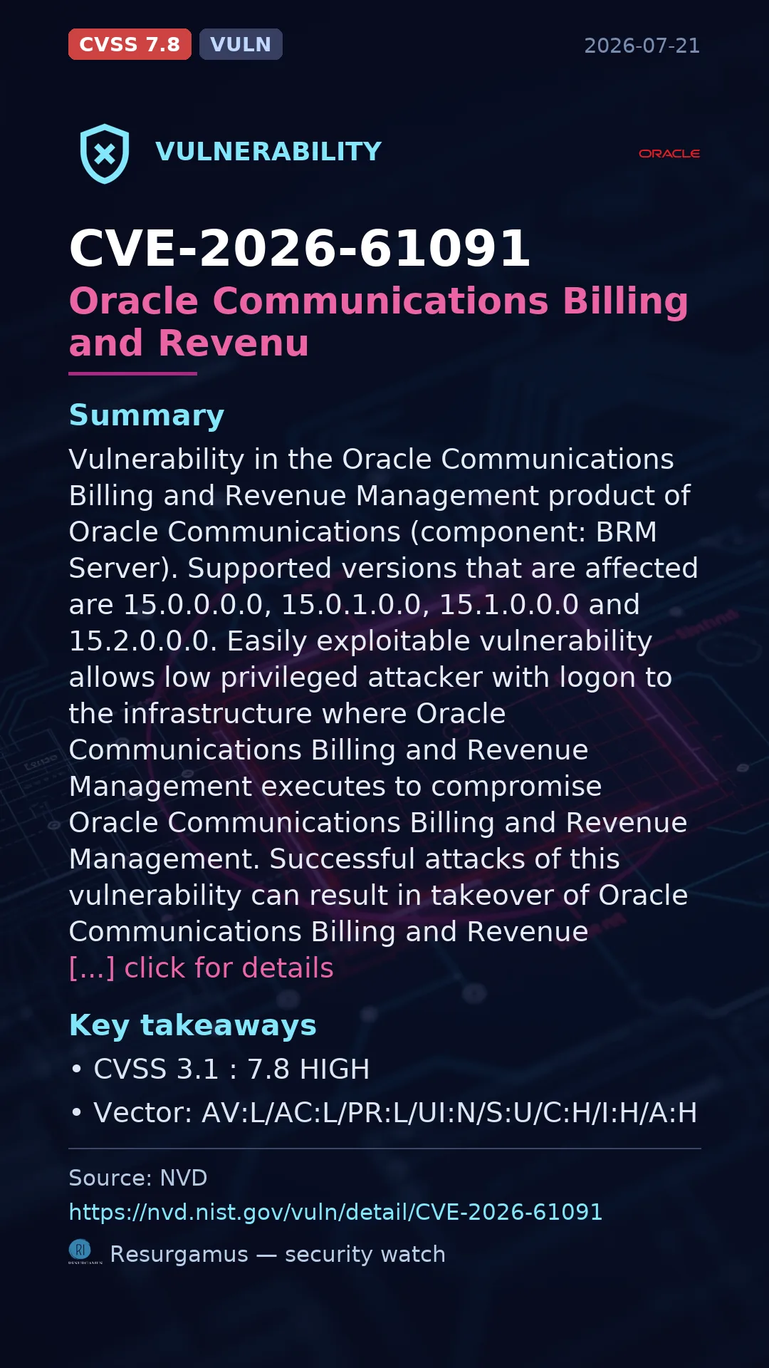 CVE-2026-61091 Oracle Communications Billing and Revenu Vulnerability