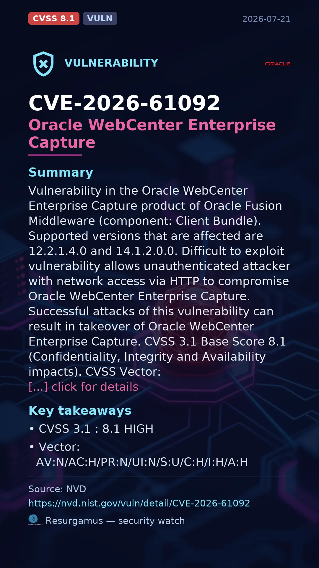 CVE-2026-61092 Oracle WebCenter Enterprise Capture Vulnerability