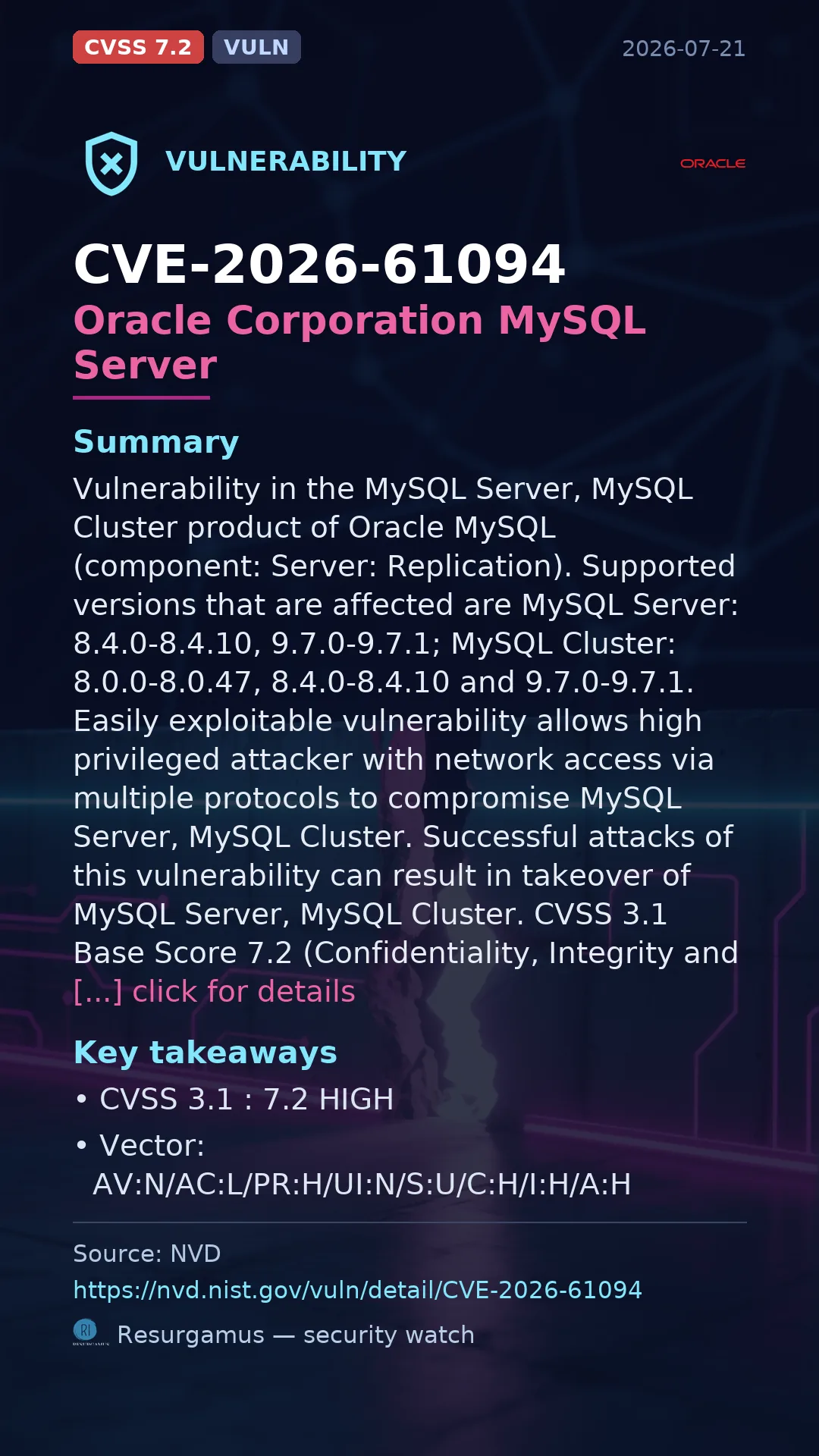 CVE-2026-61094 Oracle Corporation MySQL Server Vulnerability