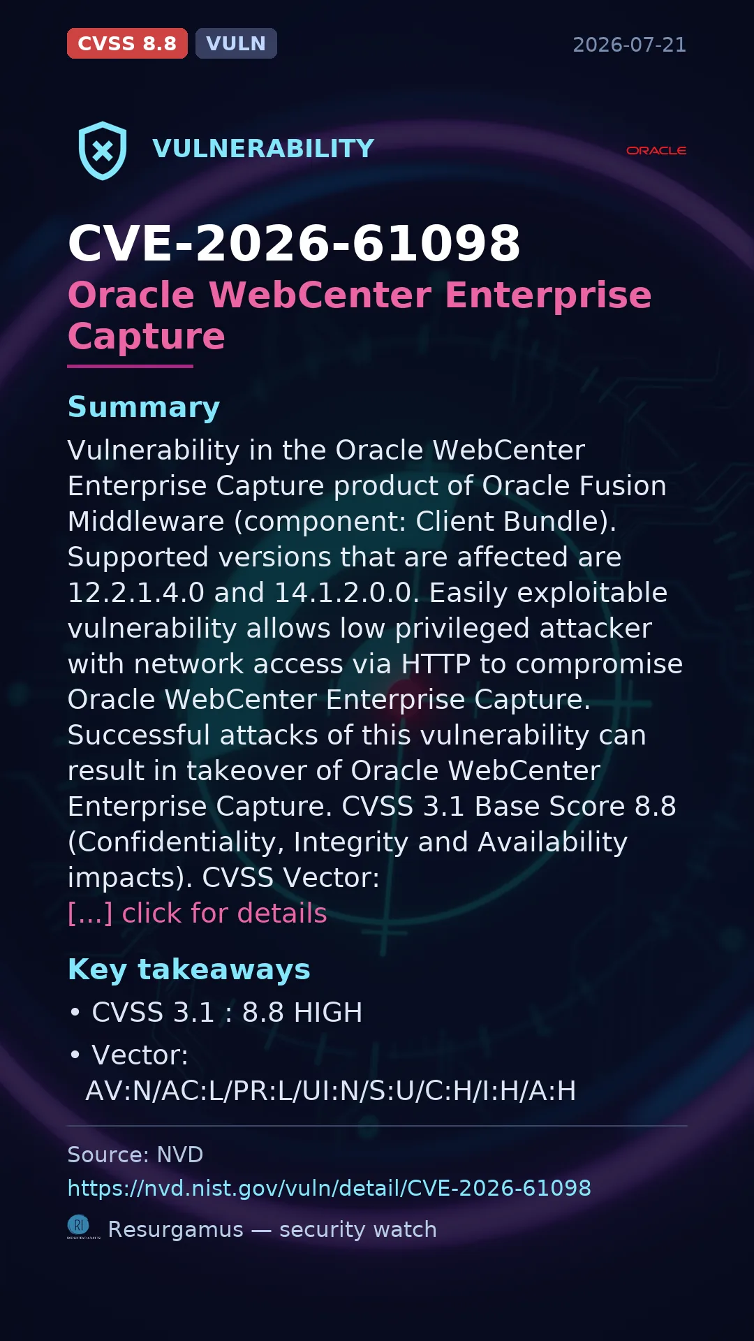 CVE-2026-61098 Oracle WebCenter Enterprise Capture Vulnerability