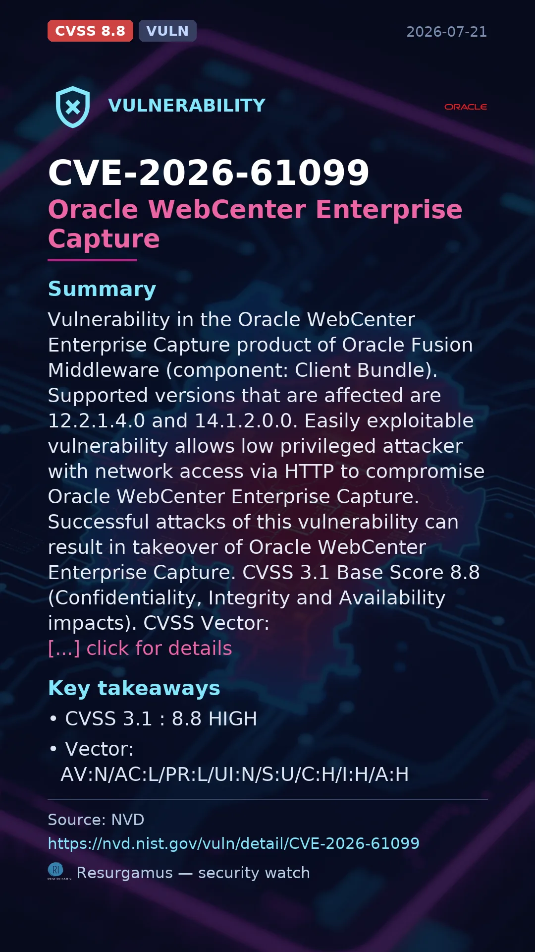 CVE-2026-61099 Oracle WebCenter Enterprise Capture Vulnerability
