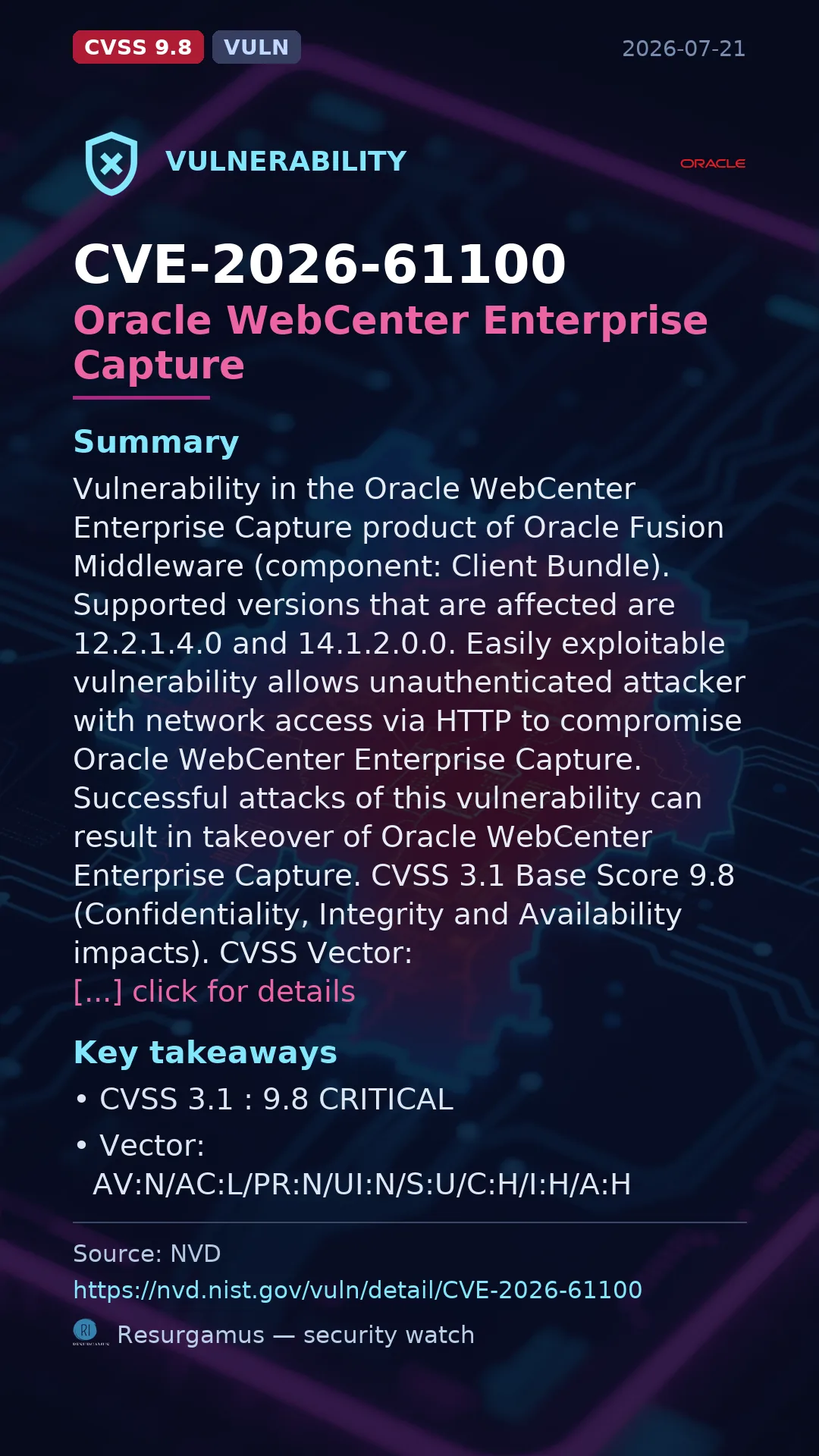 CVE-2026-61100 Oracle WebCenter Enterprise Capture Vulnerability
