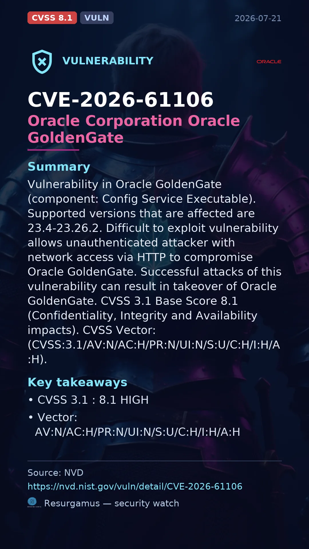 CVE-2026-61106 Oracle Corporation Oracle GoldenGate Vulnerability