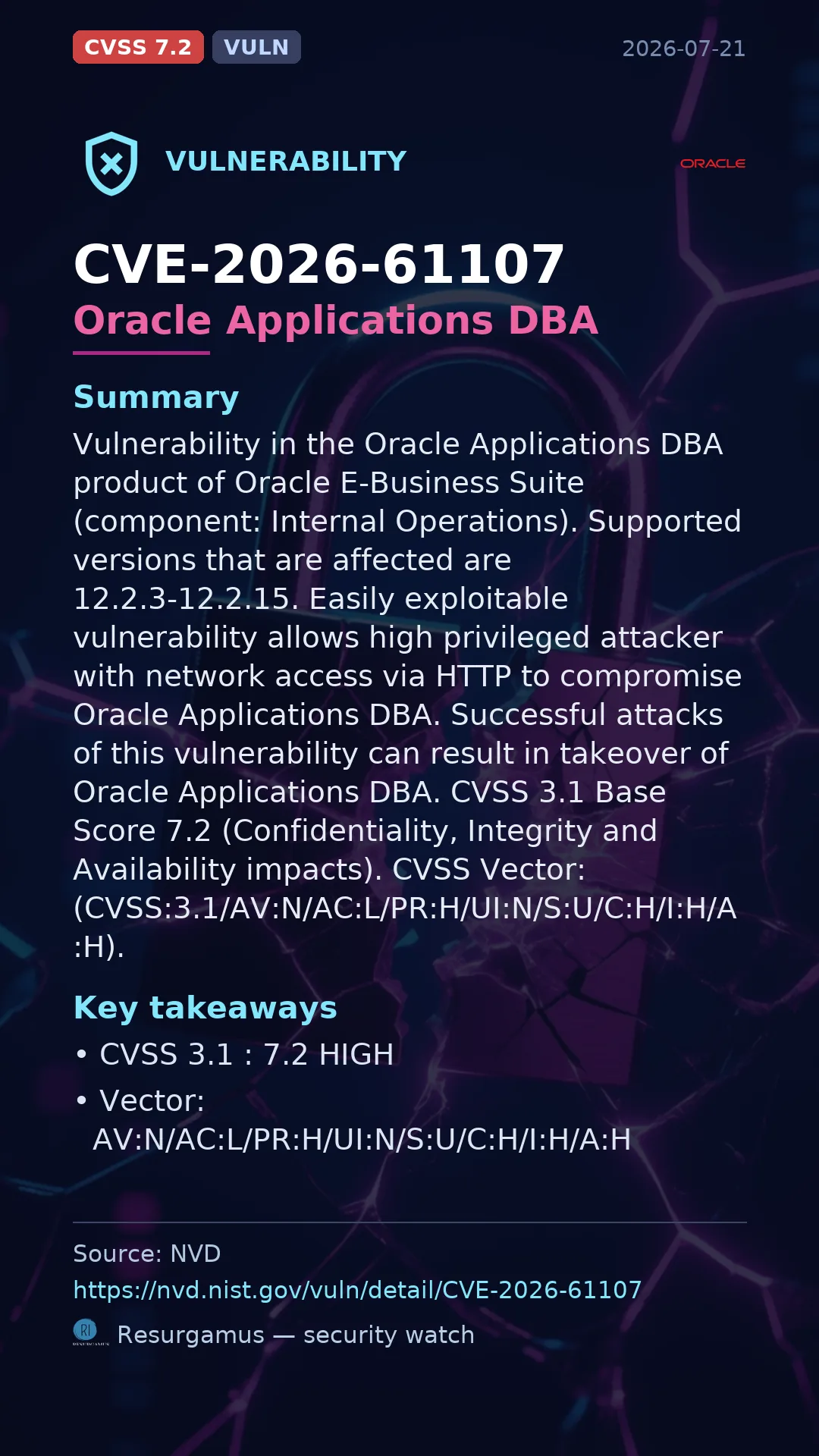 CVE-2026-61107 Oracle Applications DBA Vulnerability