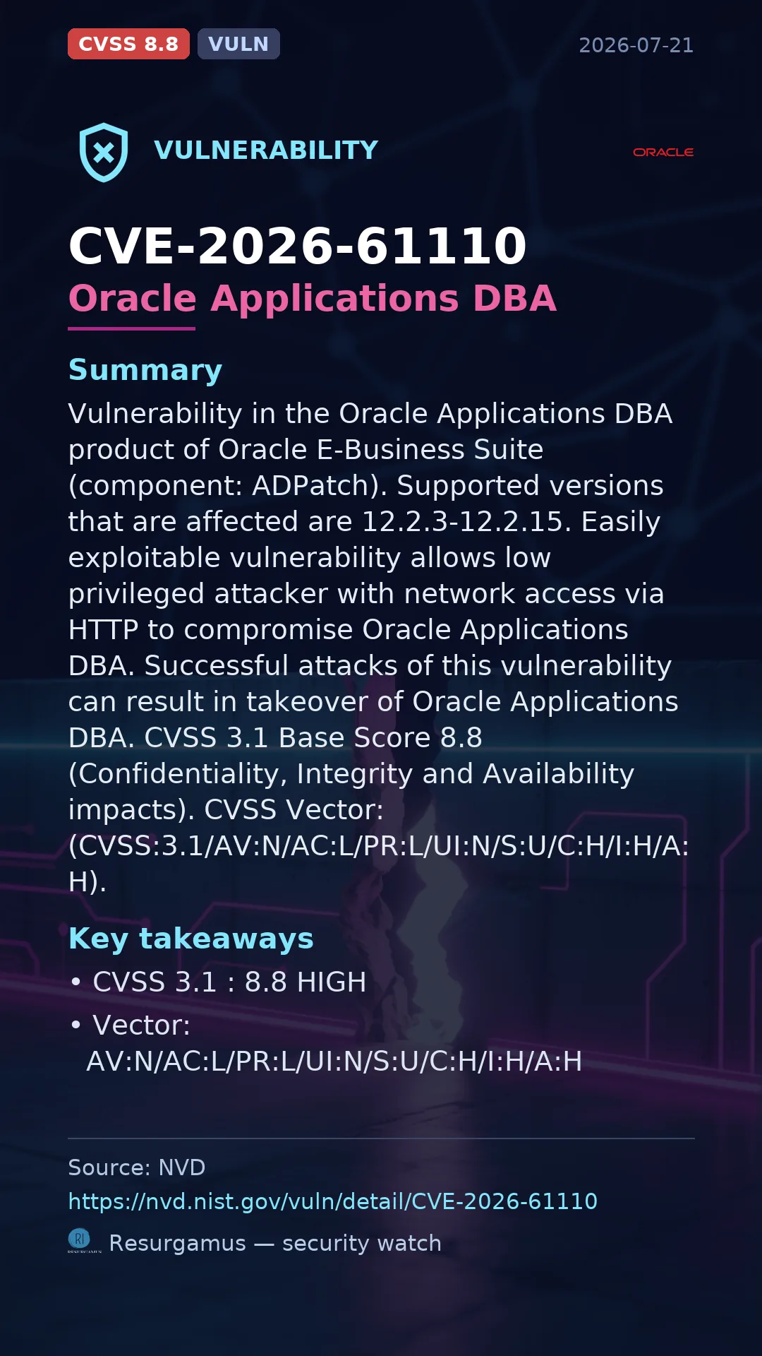 CVE-2026-61110 Oracle Applications DBA Vulnerability