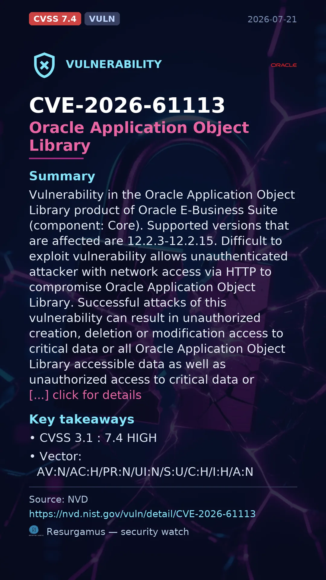 CVE-2026-61113 Oracle Application Object Library Vulnerability