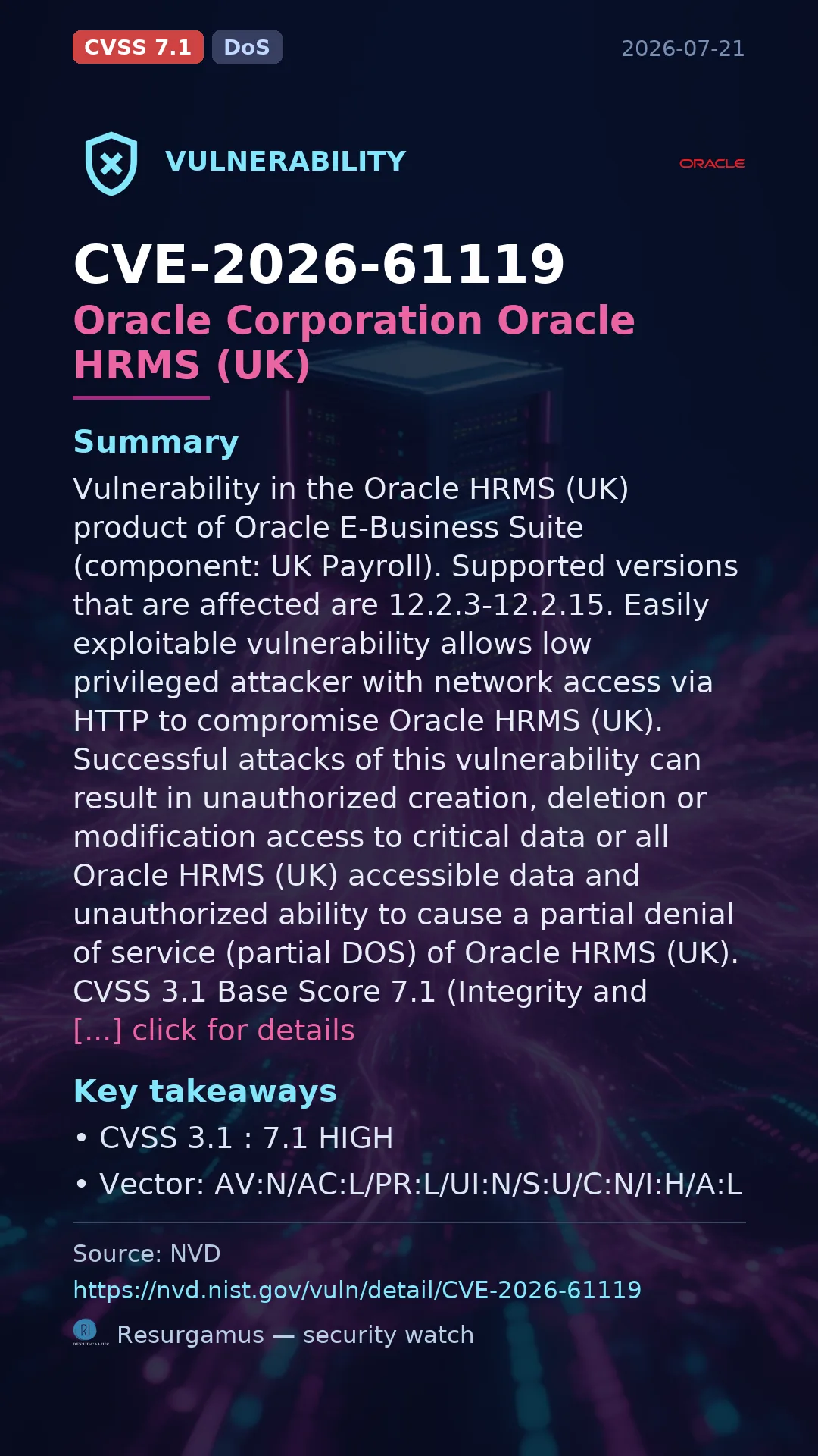 CVE-2026-61119 Oracle Corporation Oracle HRMS (UK) Vulnerability