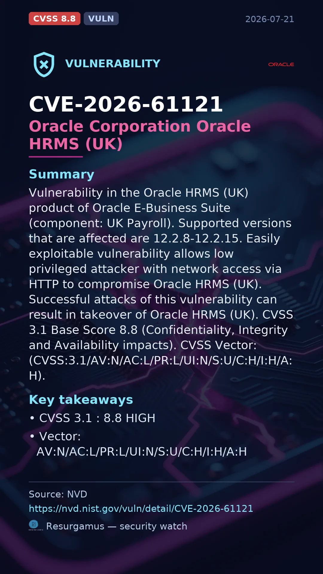 CVE-2026-61121 Oracle Corporation Oracle HRMS (UK) Vulnerability