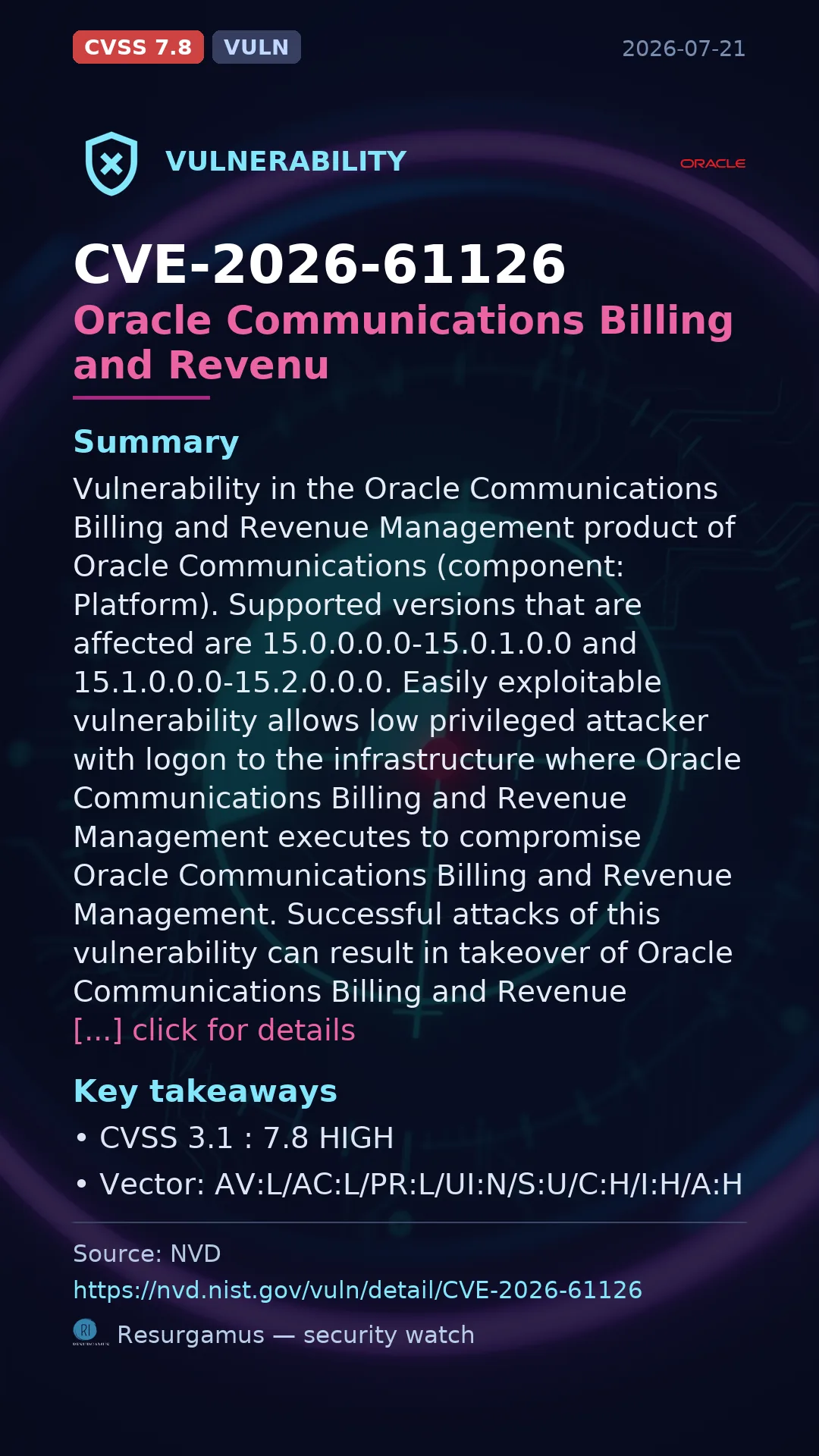 CVE-2026-61126 Oracle Communications Billing and Revenu Vulnerability