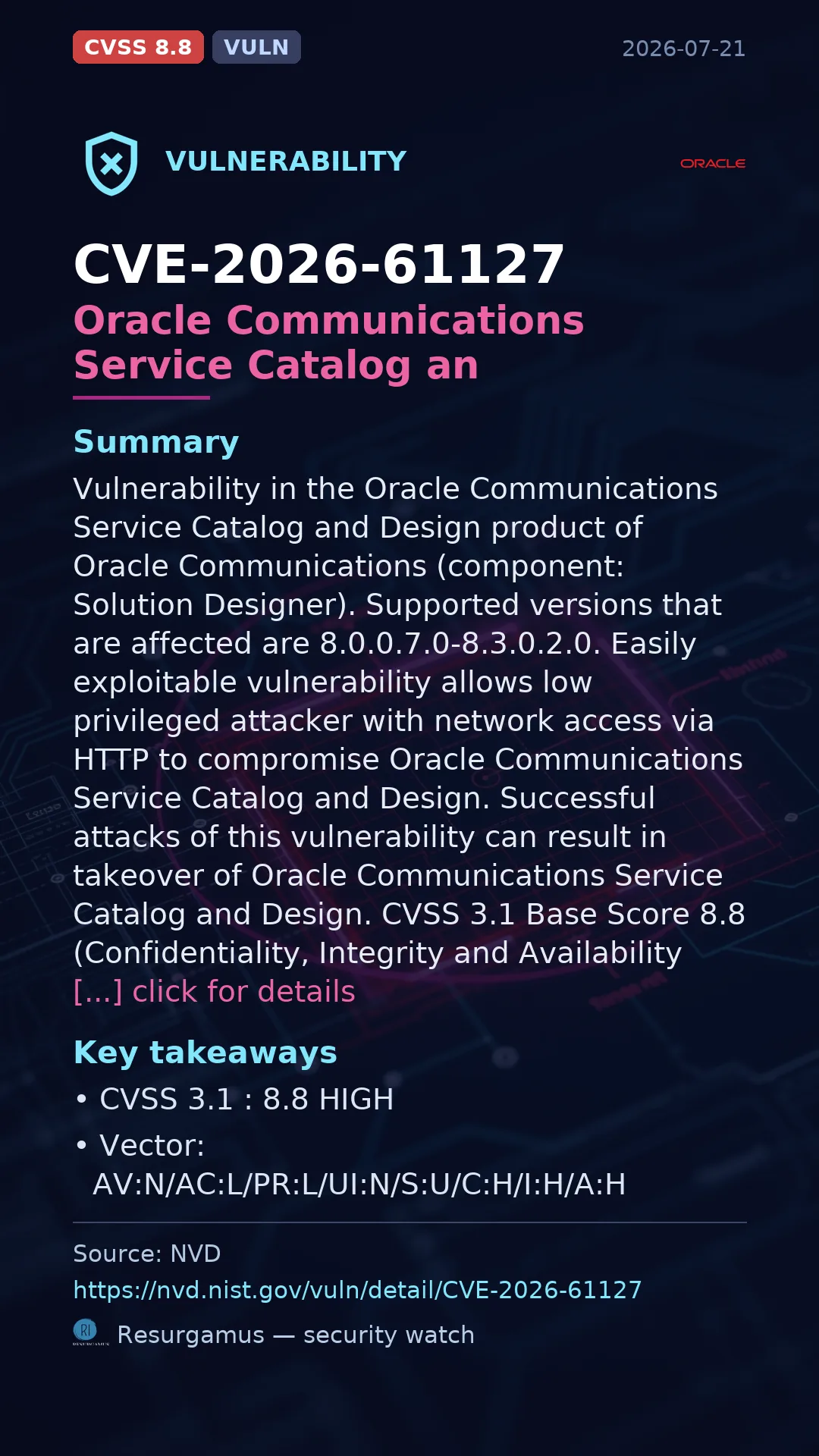 CVE-2026-61127 Oracle Communications Service Catalog an Vulnerability