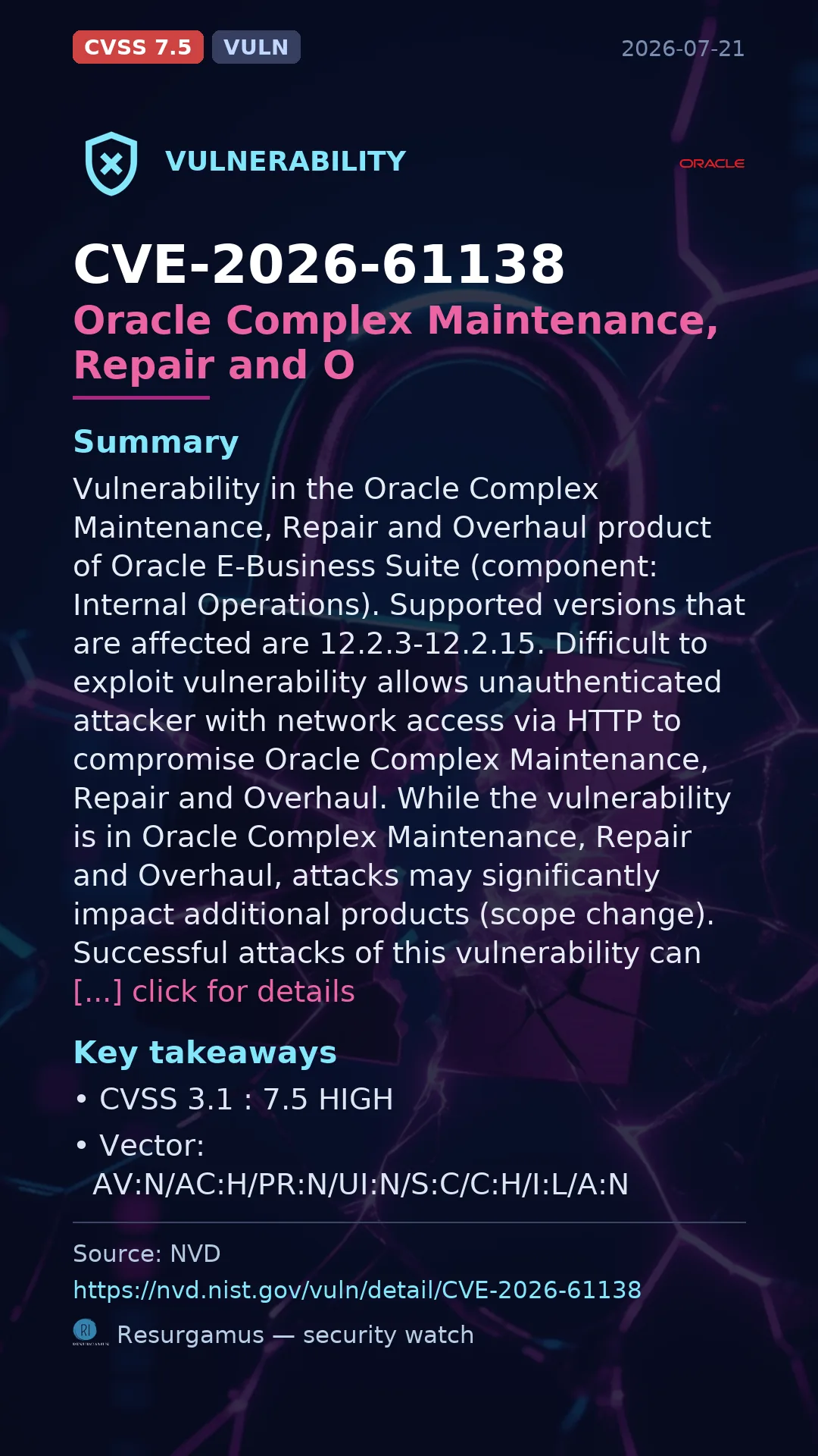 CVE-2026-61138 Oracle Complex Maintenance, Repair and O Vulnerability