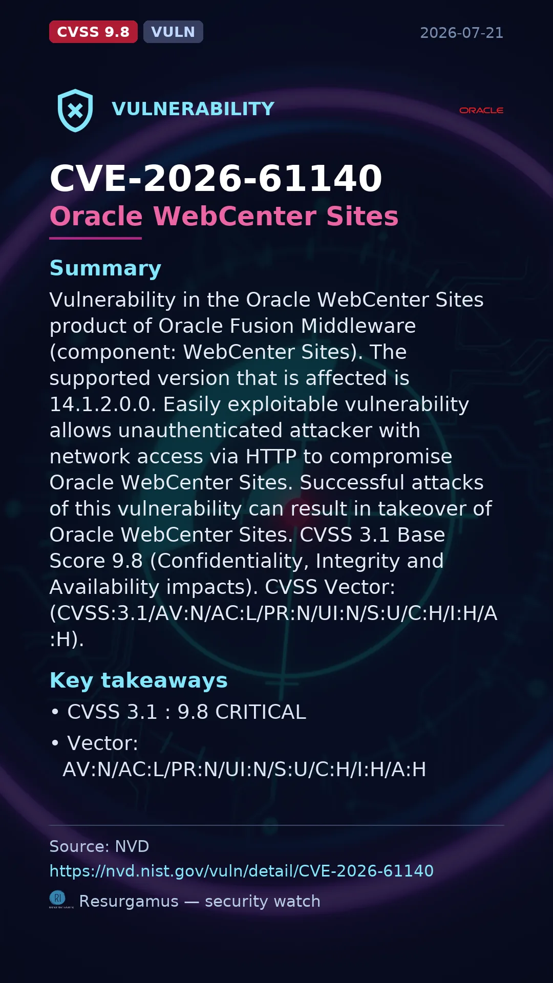 CVE-2026-61140 Oracle WebCenter Sites Vulnerability