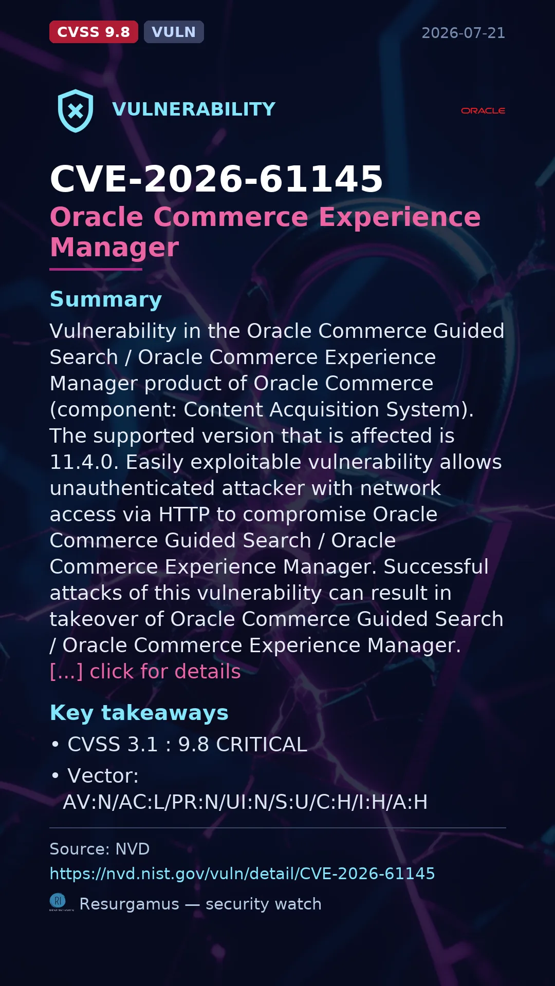 CVE-2026-61145 Oracle Commerce Experience Manager Vulnerability