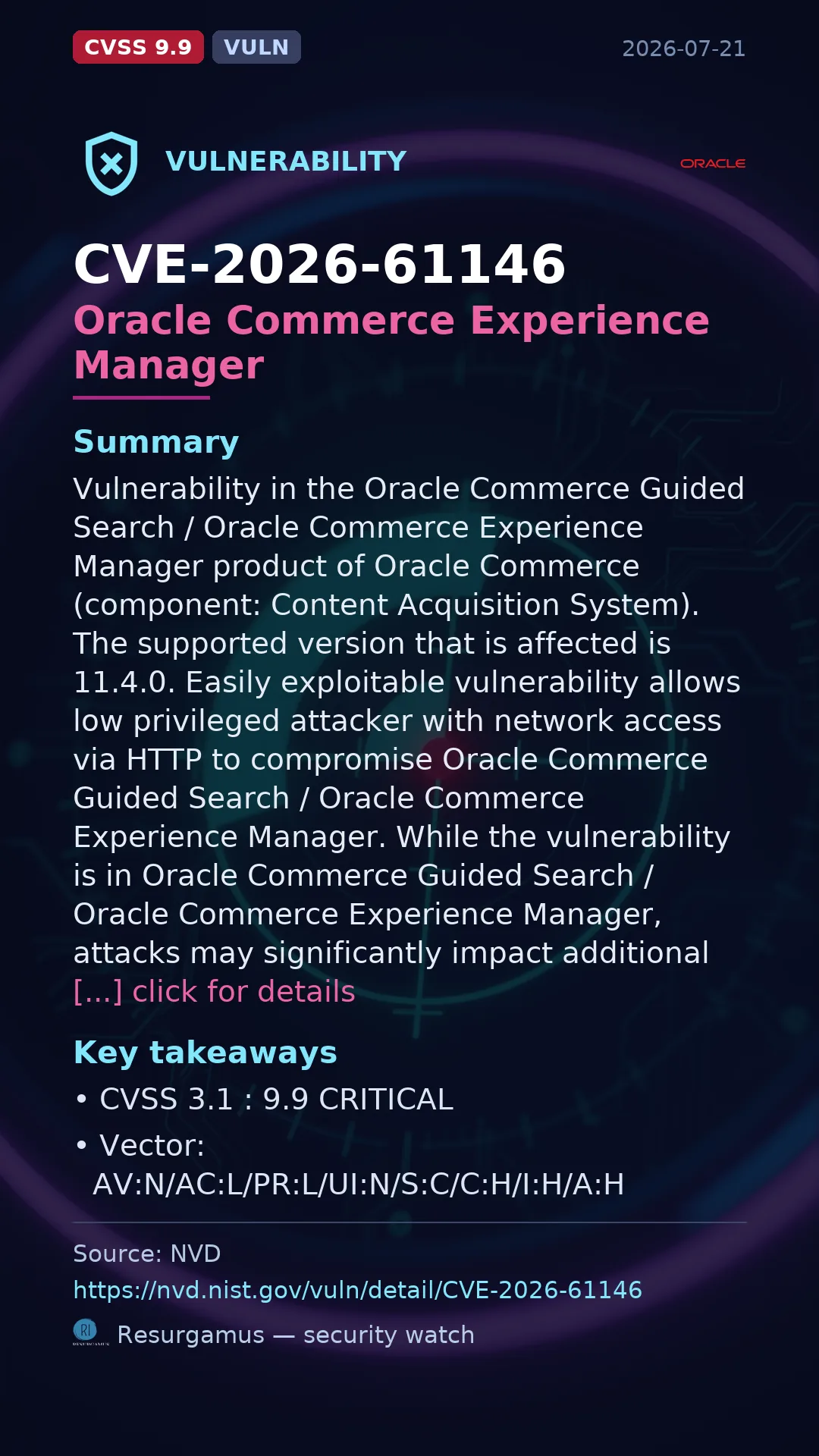 CVE-2026-61146 Oracle Commerce Experience Manager Vulnerability