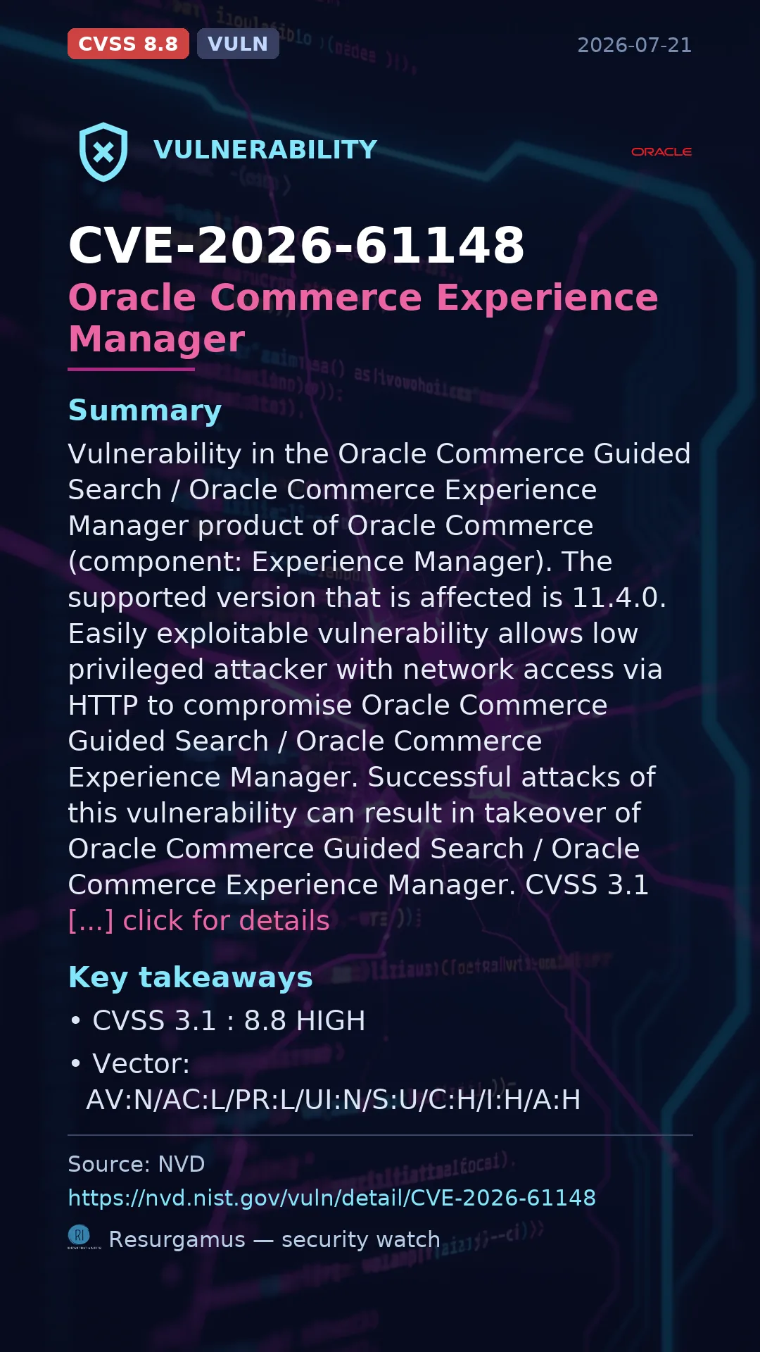 CVE-2026-61148 Oracle Commerce Experience Manager Vulnerability