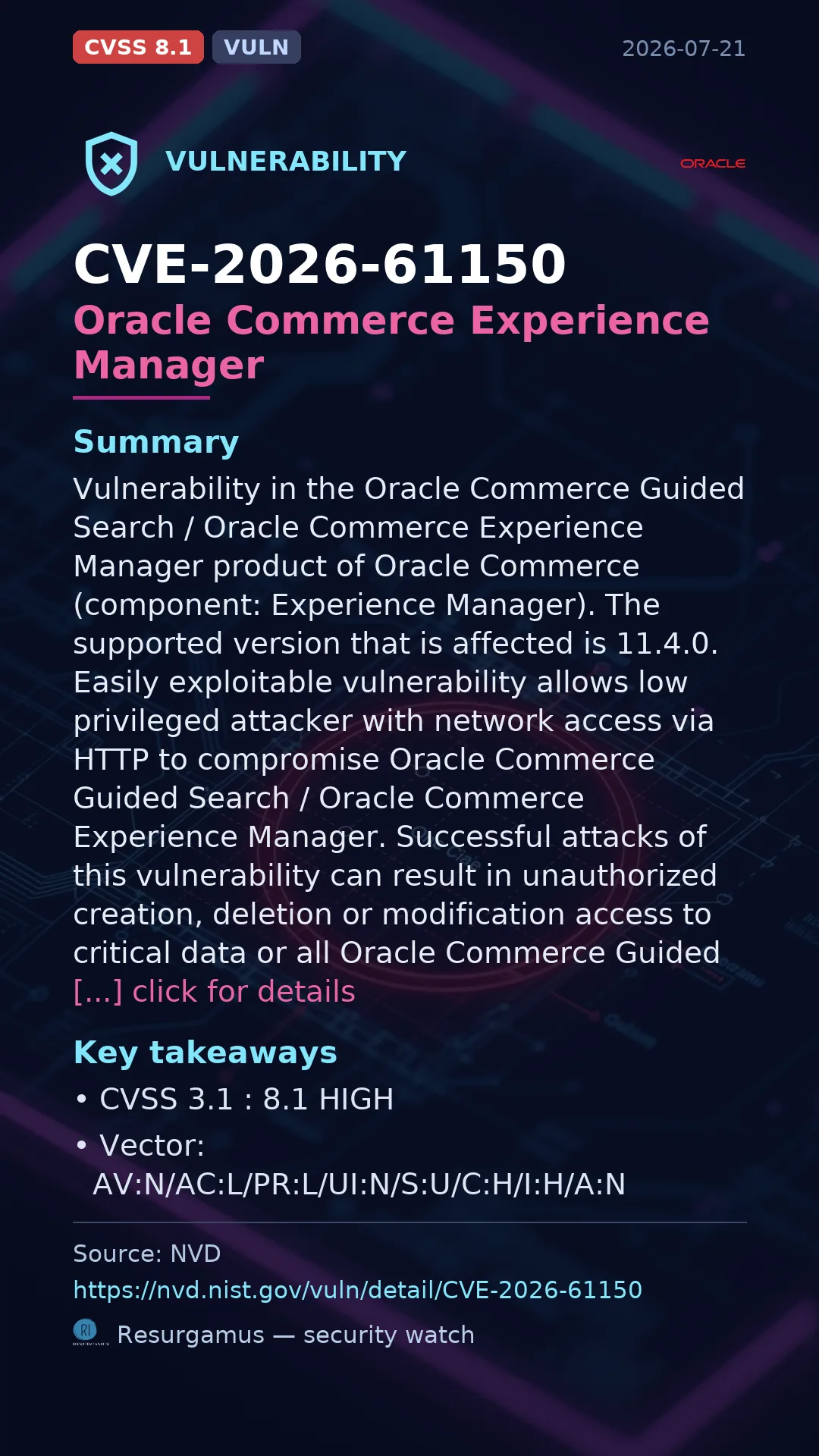 CVE-2026-61150 Oracle Commerce Experience Manager Vulnerability