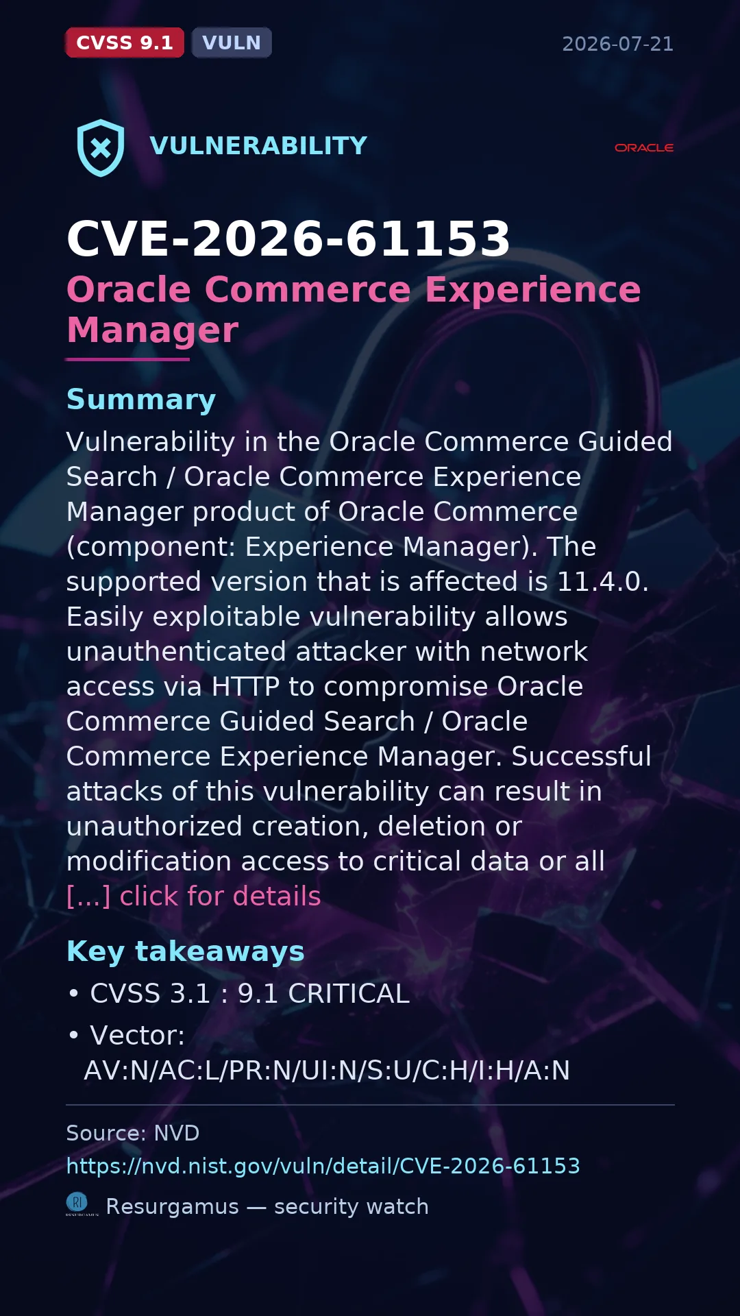 CVE-2026-61153 Oracle Commerce Experience Manager Vulnerability
