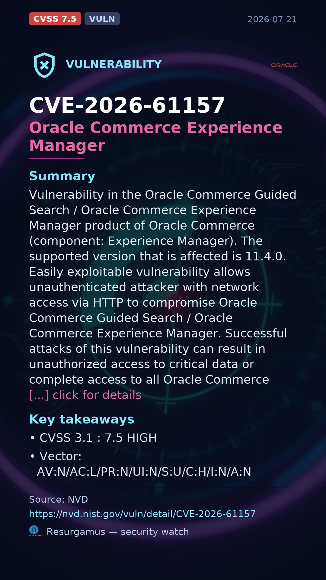 CVE-2026-61157 Oracle Commerce Experience Manager Vulnerability