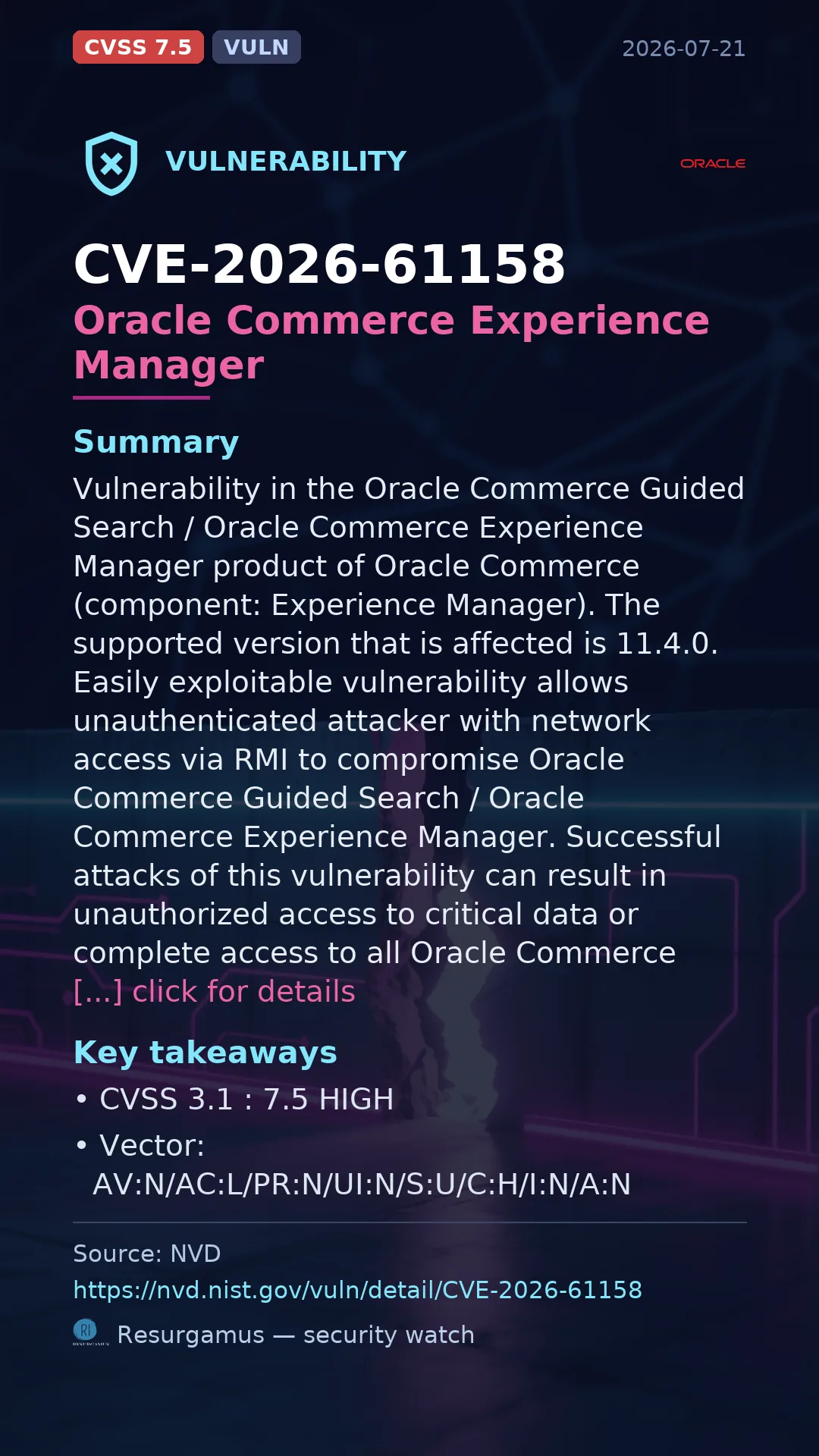 CVE-2026-61158 Oracle Commerce Experience Manager Vulnerability