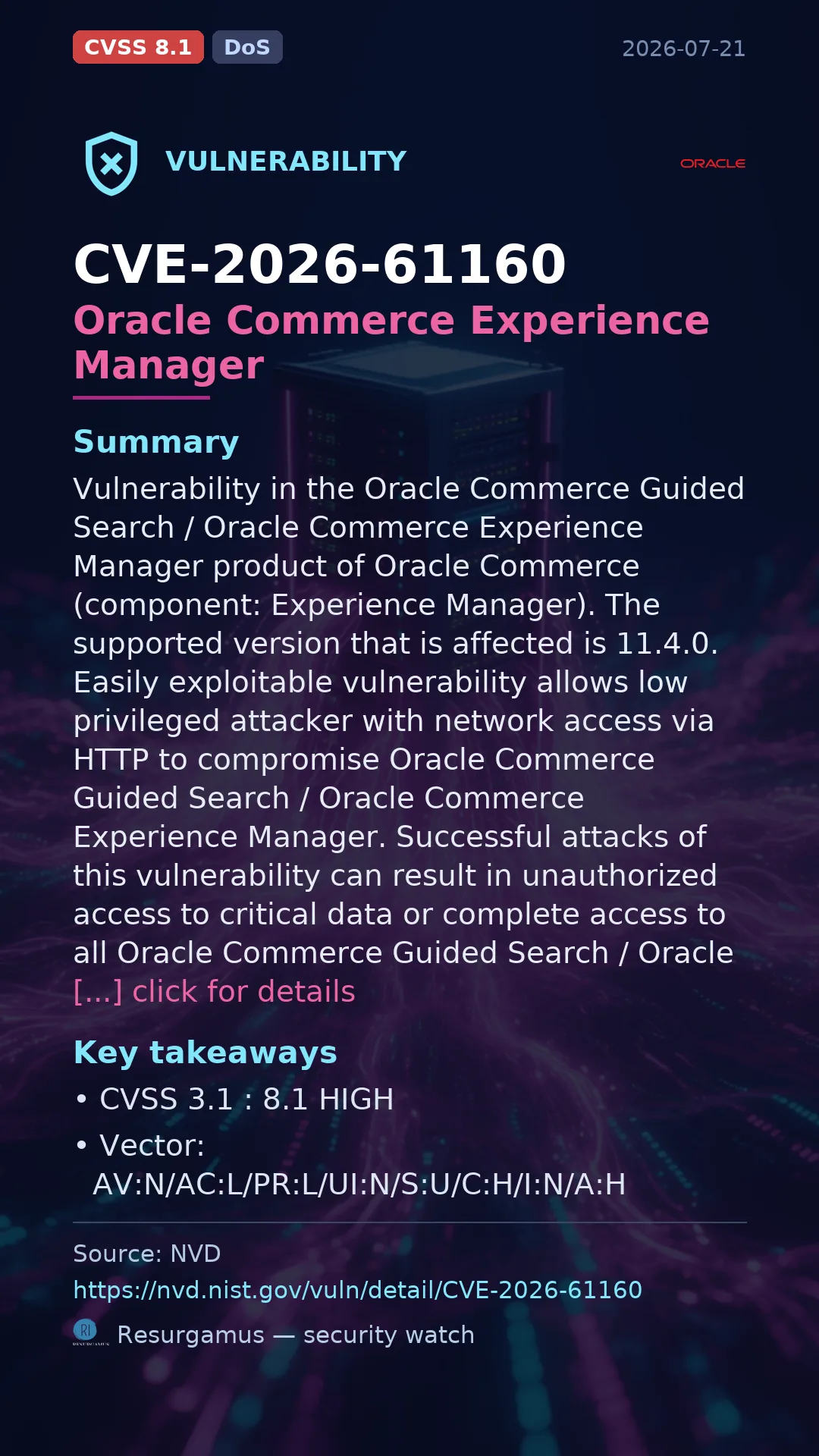 CVE-2026-61160 Oracle Commerce Experience Manager Vulnerability
