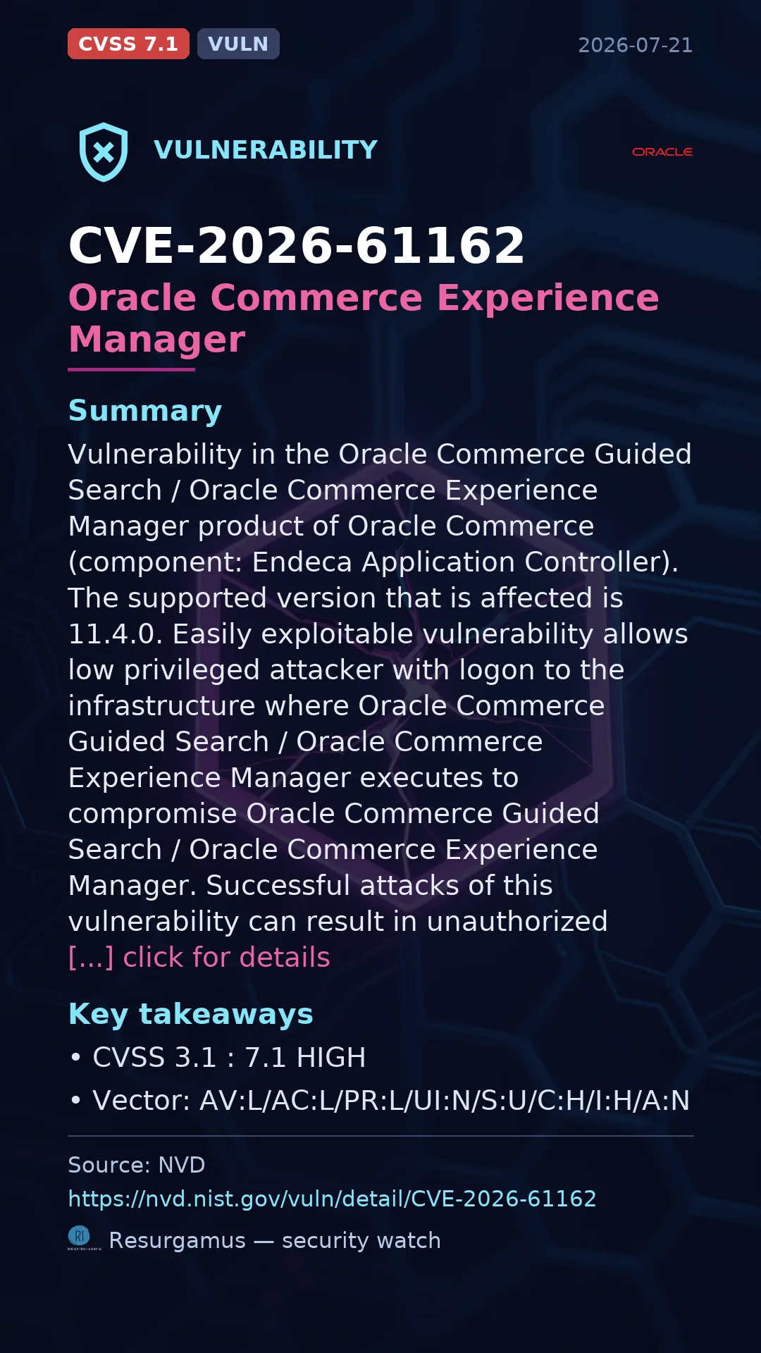 CVE-2026-61162 Oracle Commerce Experience Manager Vulnerability