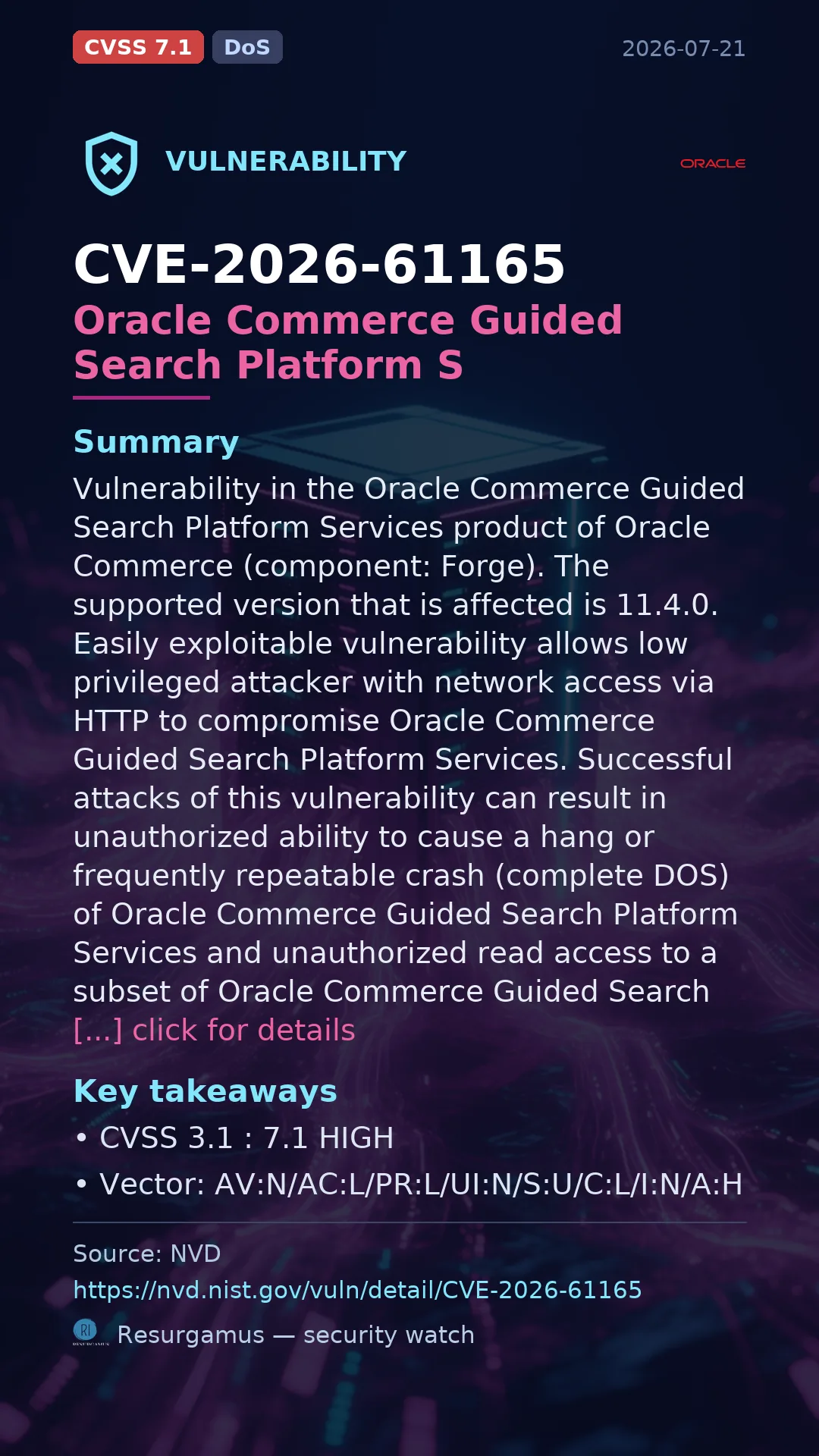 CVE-2026-61165 Oracle Commerce Guided Search Platform S Vulnerability