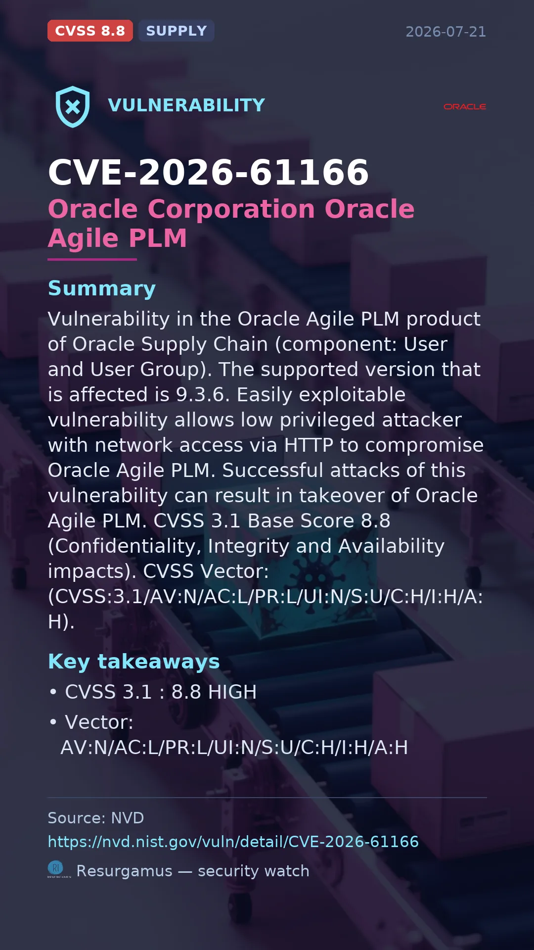 CVE-2026-61166 Oracle Corporation Oracle Agile PLM Vulnerability