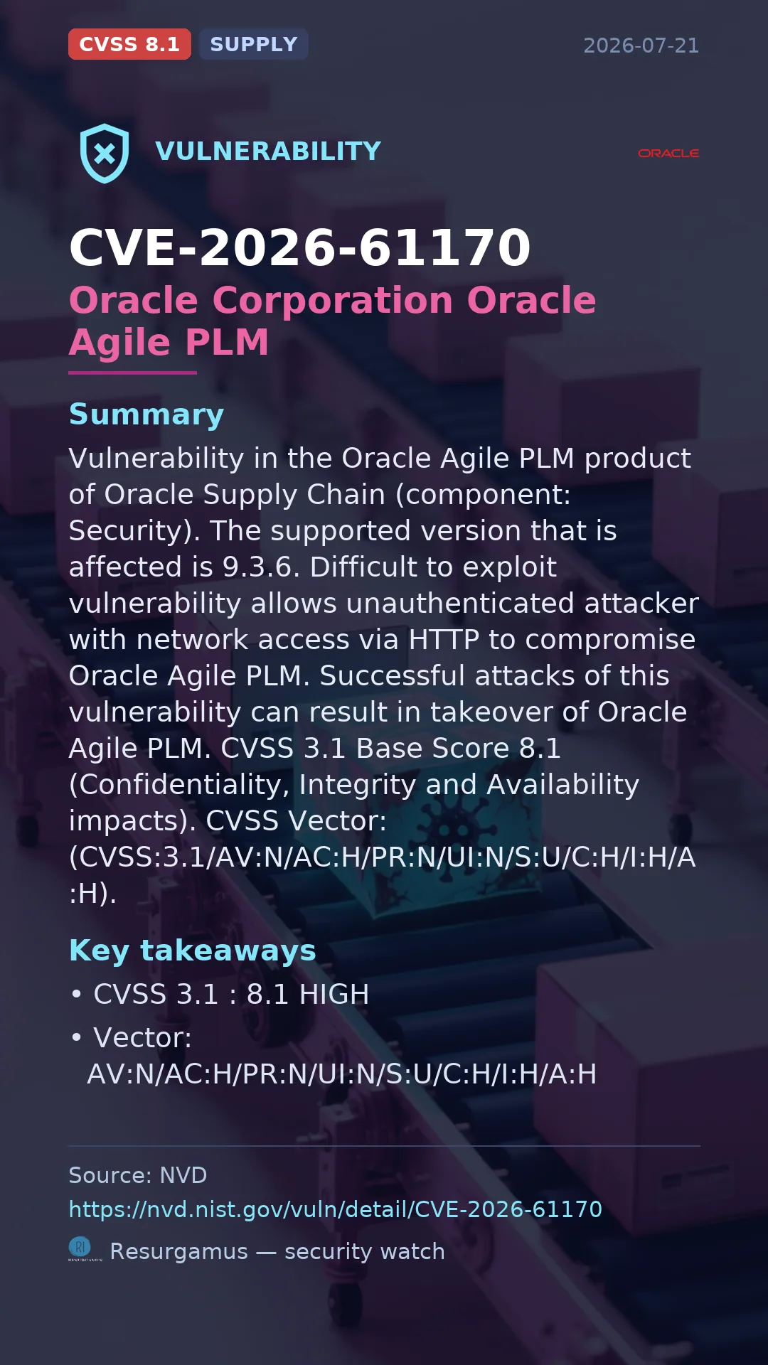 CVE-2026-61170 Oracle Corporation Oracle Agile PLM Vulnerability