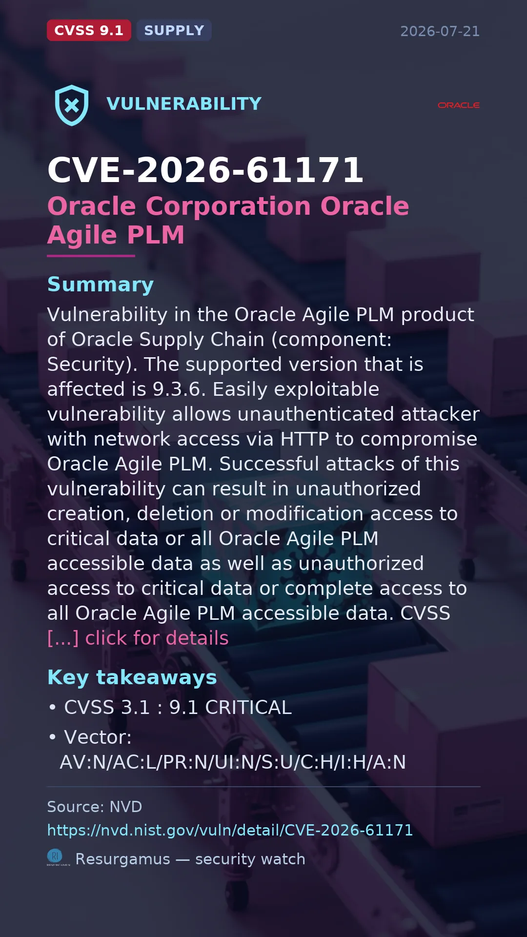 CVE-2026-61171 Oracle Corporation Oracle Agile PLM Vulnerability