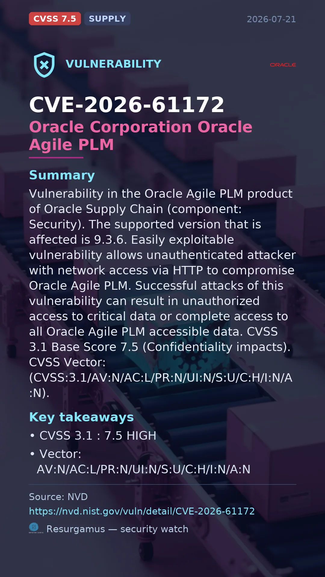 CVE-2026-61172 Oracle Corporation Oracle Agile PLM Vulnerability
